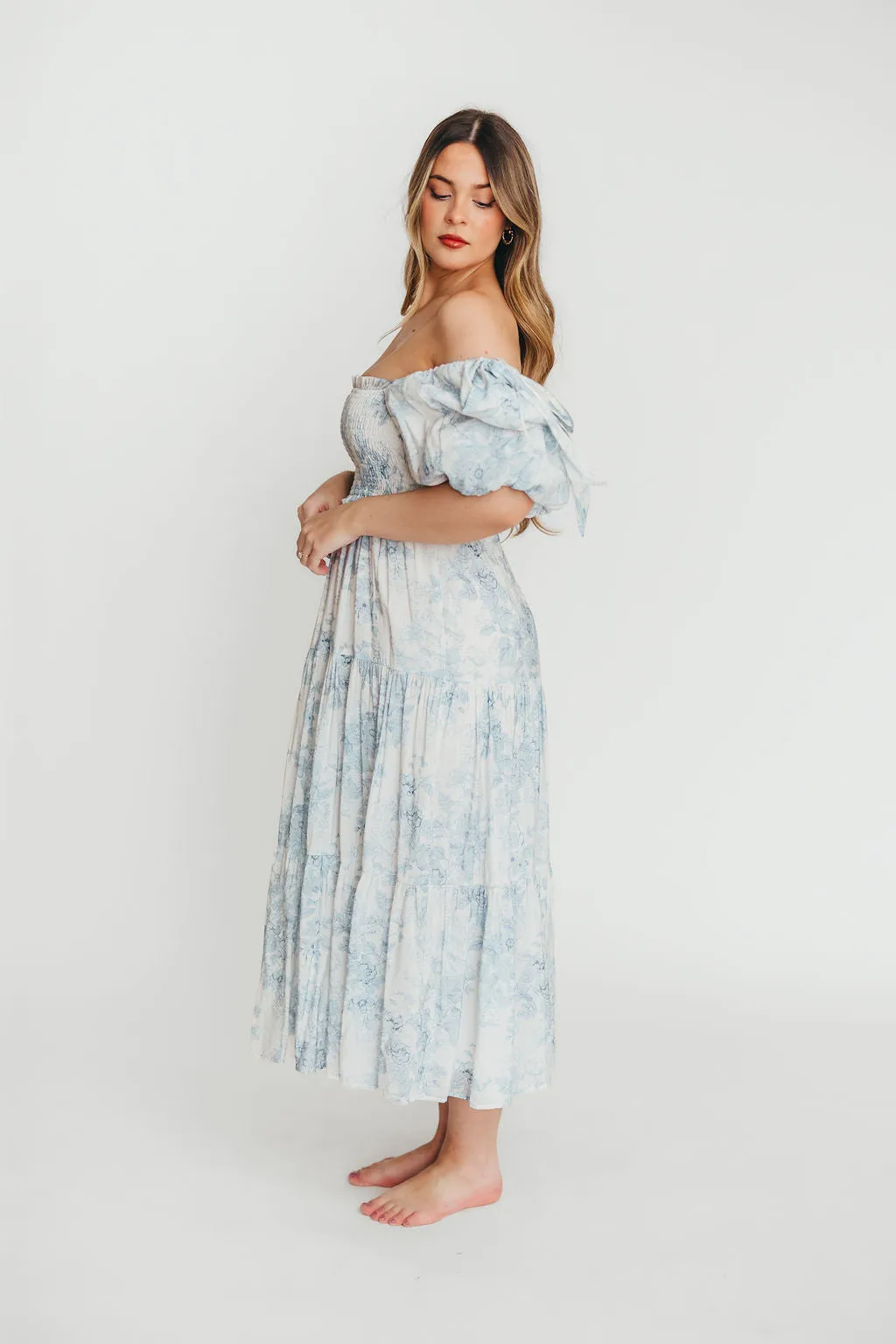 Elena Floral Print Smocked Midi Dress in Blue Floral- Bump Friendly - Sold Out Sizes Restock 4/19