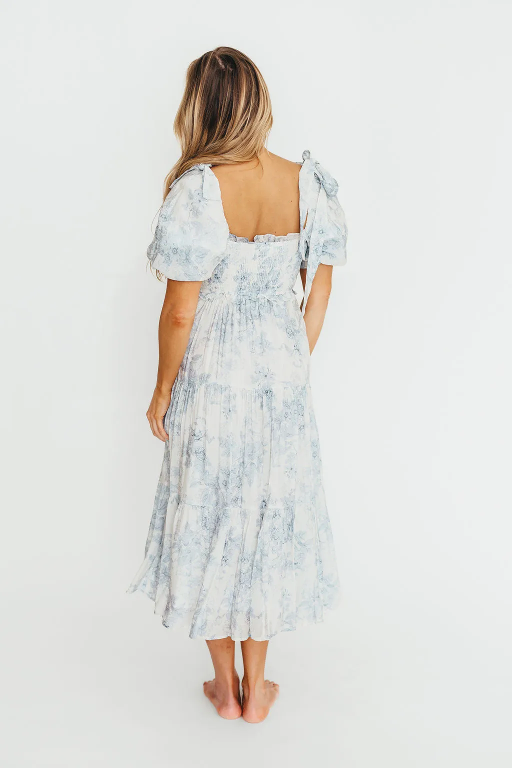 Elena Floral Print Smocked Midi Dress in Blue Floral- Bump Friendly - Sold Out Sizes Restock 4/19