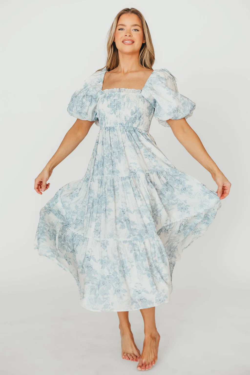 Elena Floral Print Smocked Midi Dress in Blue Floral- Bump Friendly - Sold Out Sizes Restock 4/19