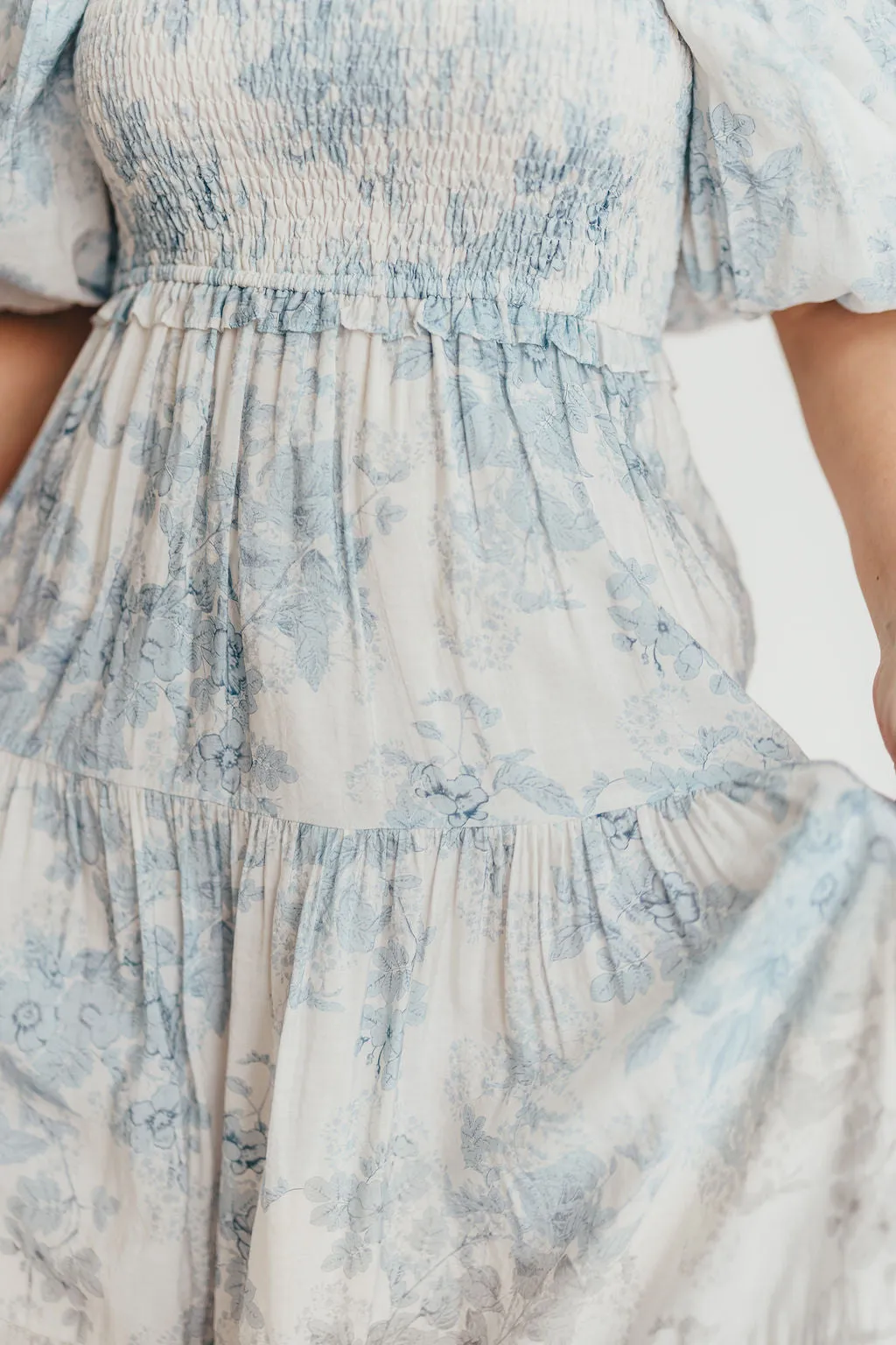 Elena Floral Print Smocked Midi Dress in Blue Floral- Bump Friendly - Sold Out Sizes Restock 4/19