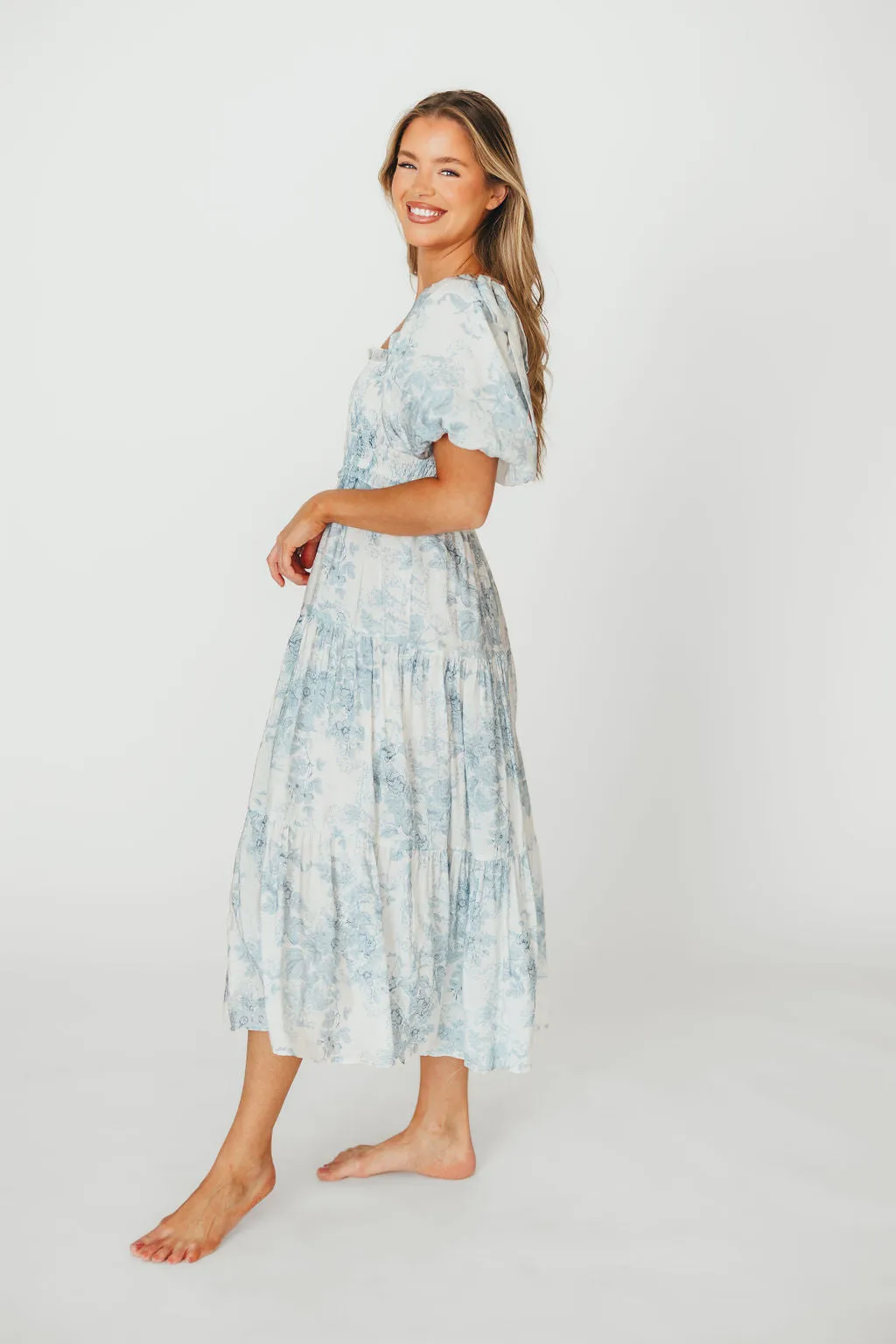 Elena Floral Print Smocked Midi Dress in Blue Floral- Bump Friendly - Sold Out Sizes Restock 4/19