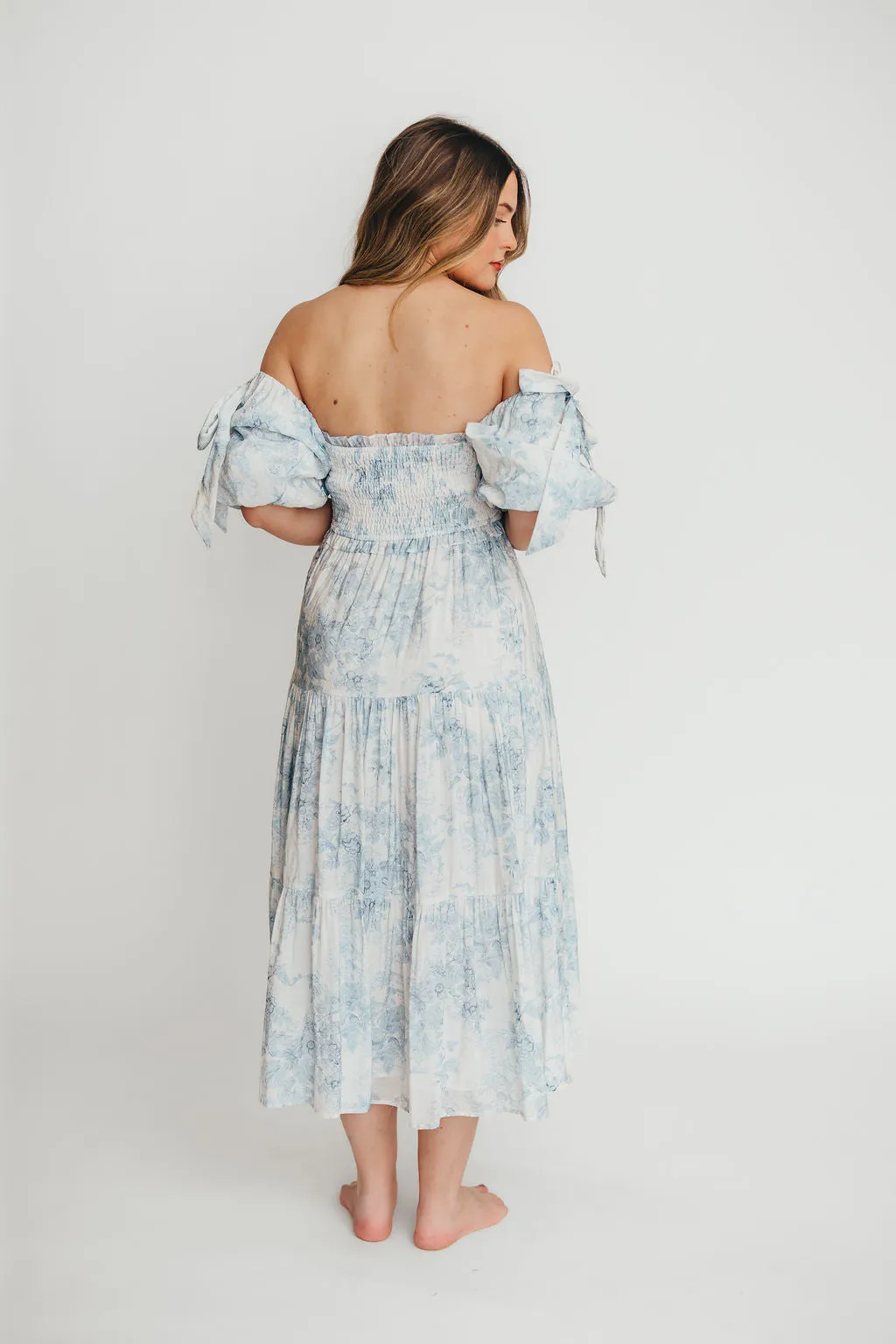 Elena Floral Print Smocked Midi Dress in Blue Floral- Bump Friendly - Sold Out Sizes Restock 4/19