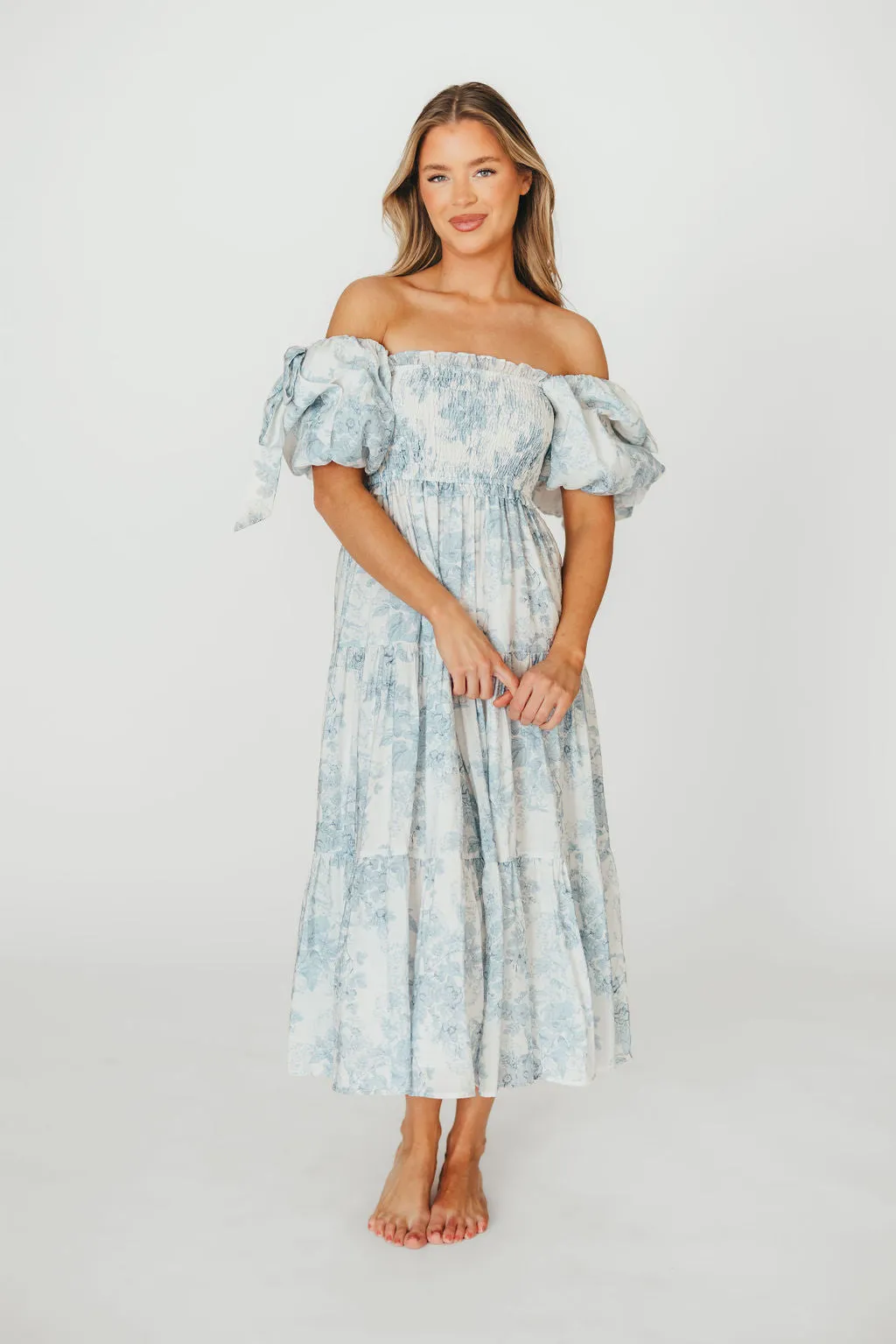 Elena Floral Print Smocked Midi Dress in Blue Floral- Bump Friendly - Sold Out Sizes Restock 4/19