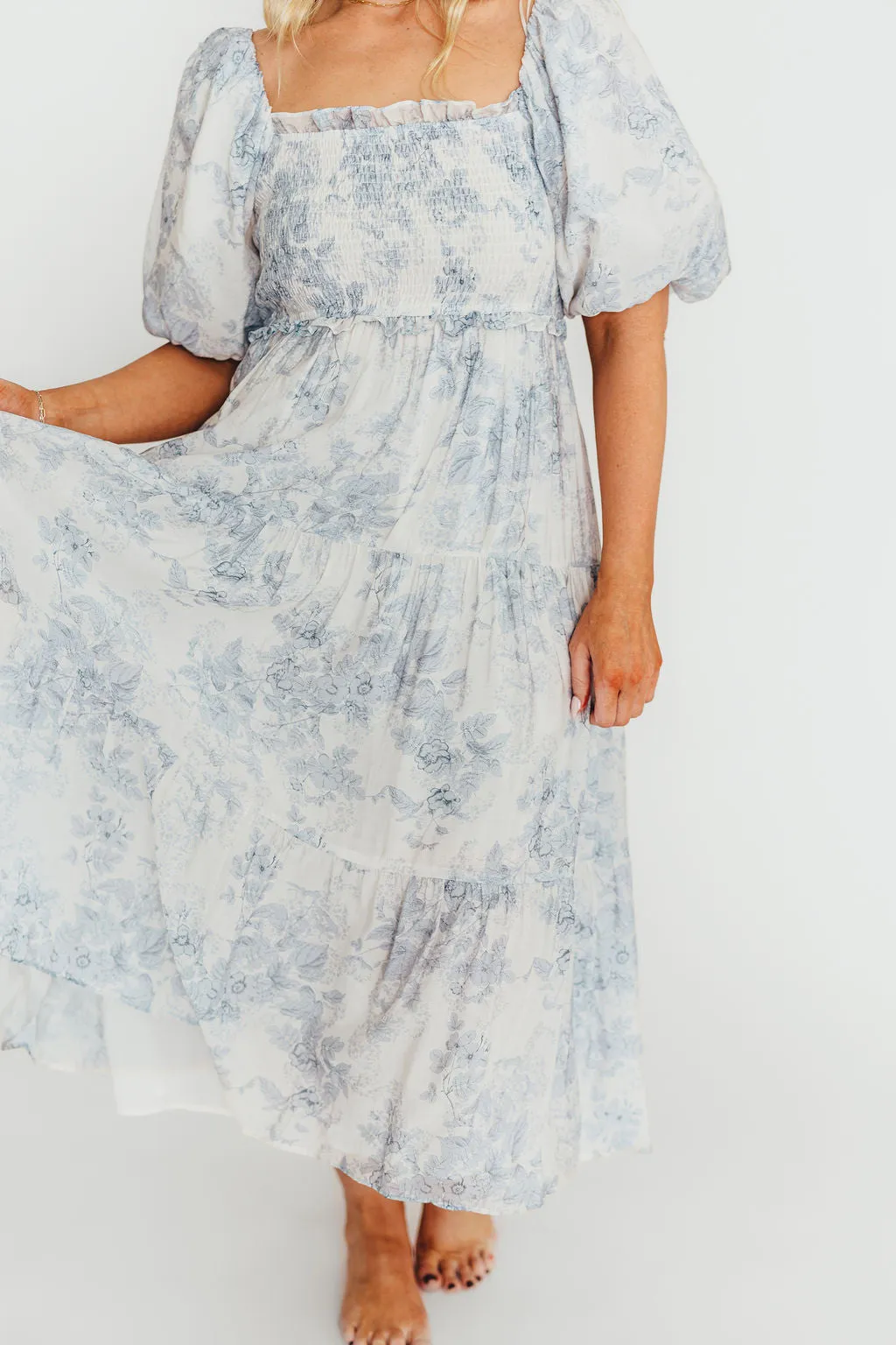 Elena Floral Print Smocked Midi Dress in Blue Floral- Bump Friendly - Sold Out Sizes Restock 4/19