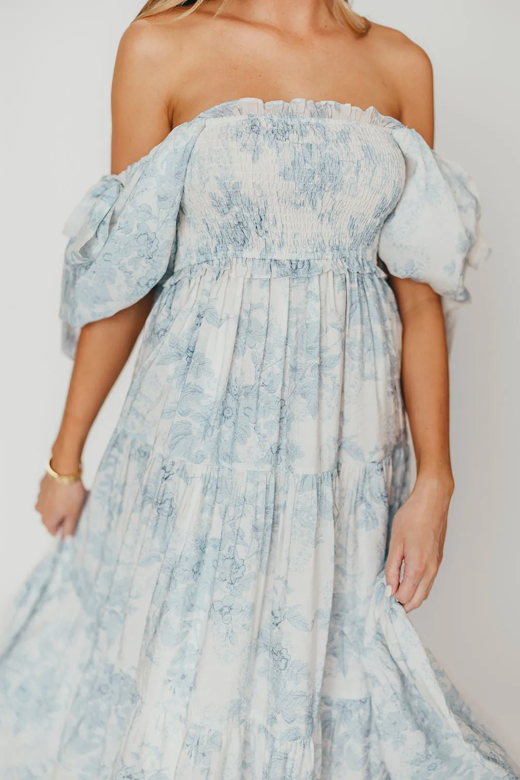 Elena Floral Print Smocked Midi Dress in Blue Floral- Bump Friendly - Sold Out Sizes Restock 4/19