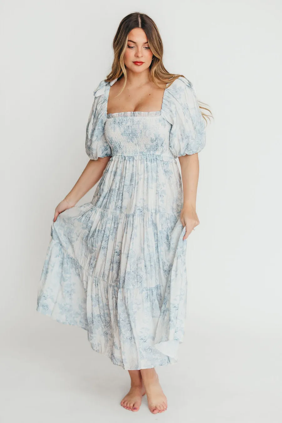 Elena Floral Print Smocked Midi Dress in Blue Floral- Bump Friendly - Sold Out Sizes Restock 4/19