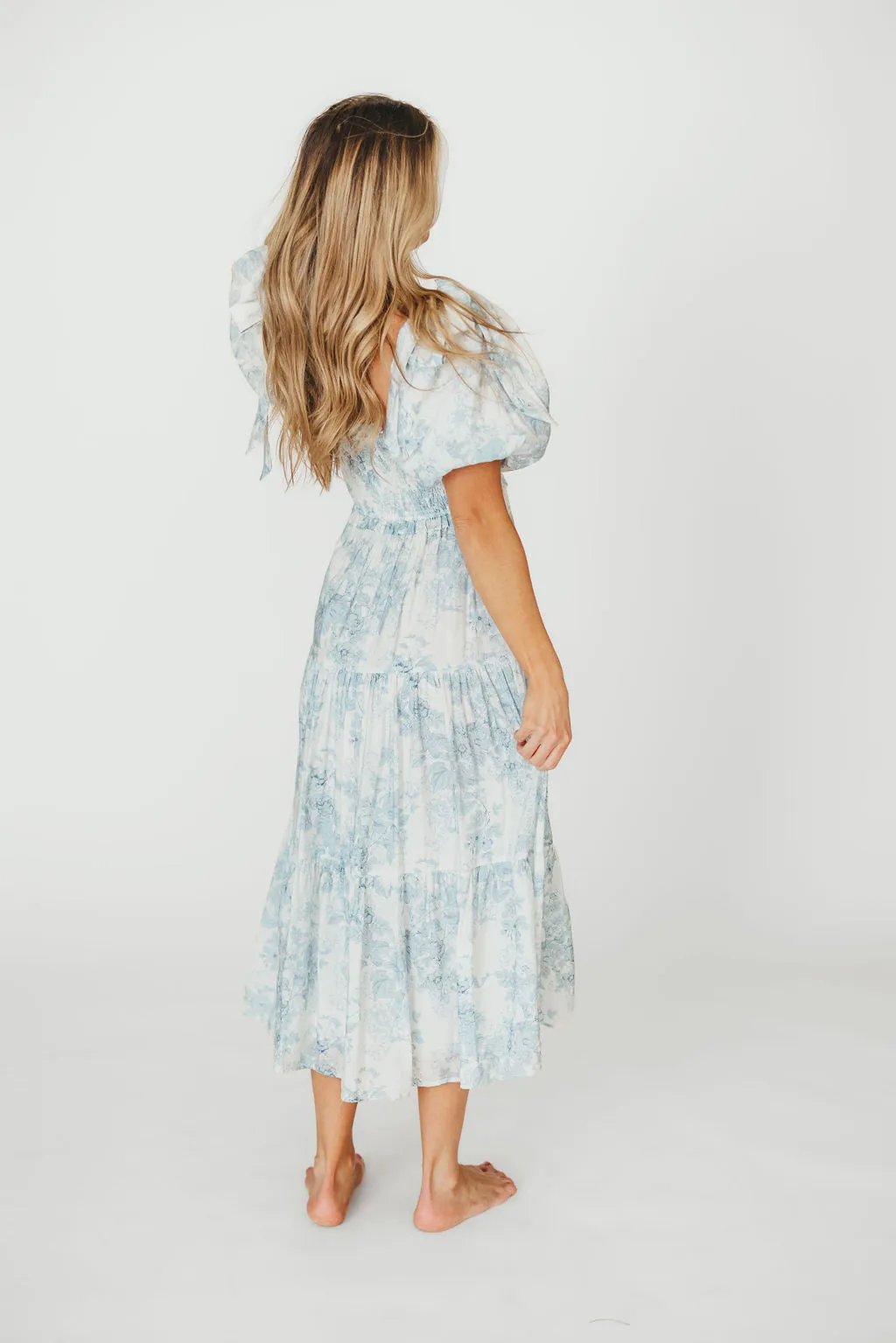 Elena Floral Print Smocked Midi Dress in Blue Floral- Bump Friendly - Sold Out Sizes Restock 4/19
