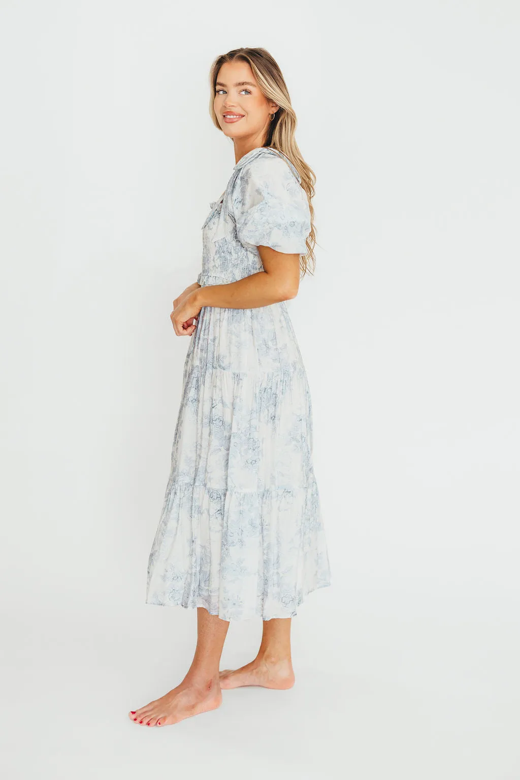Elena Floral Print Smocked Midi Dress in Blue Floral- Bump Friendly - Sold Out Sizes Restock 4/19