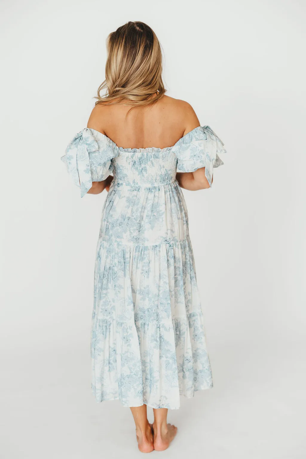 Elena Floral Print Smocked Midi Dress in Blue Floral- Bump Friendly - Sold Out Sizes Restock 4/19