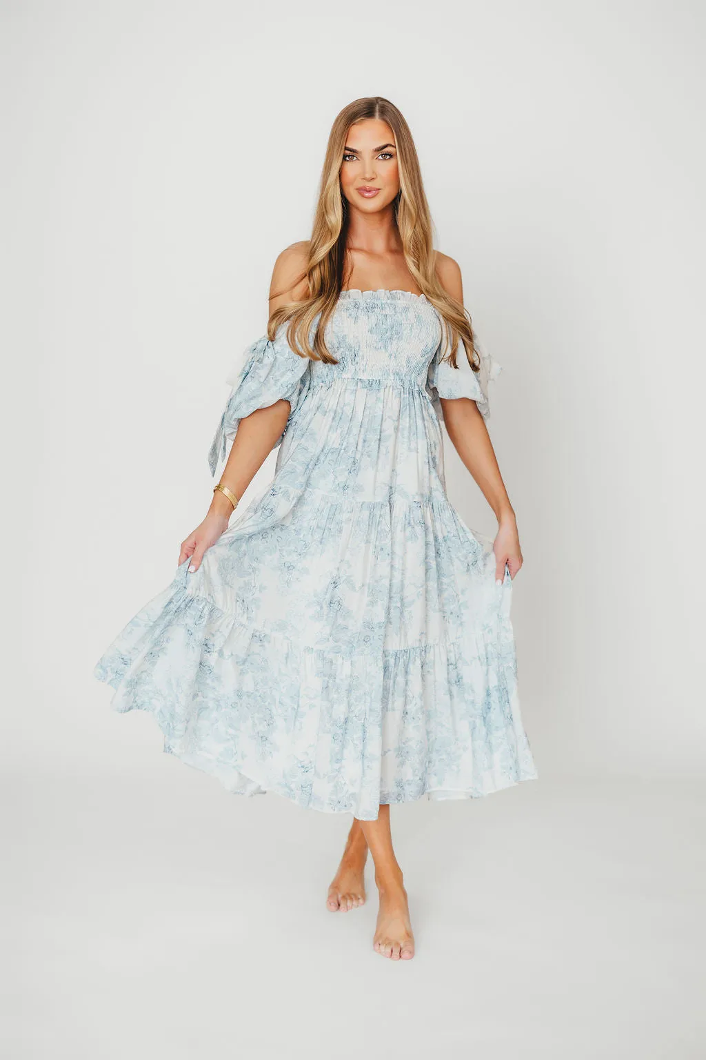 Elena Floral Print Smocked Midi Dress in Blue Floral- Bump Friendly - Sold Out Sizes Restock 4/19