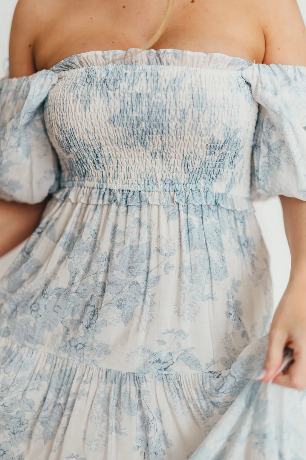 Elena Floral Print Smocked Midi Dress in Blue Floral- Bump Friendly - Sold Out Sizes Restock 4/19