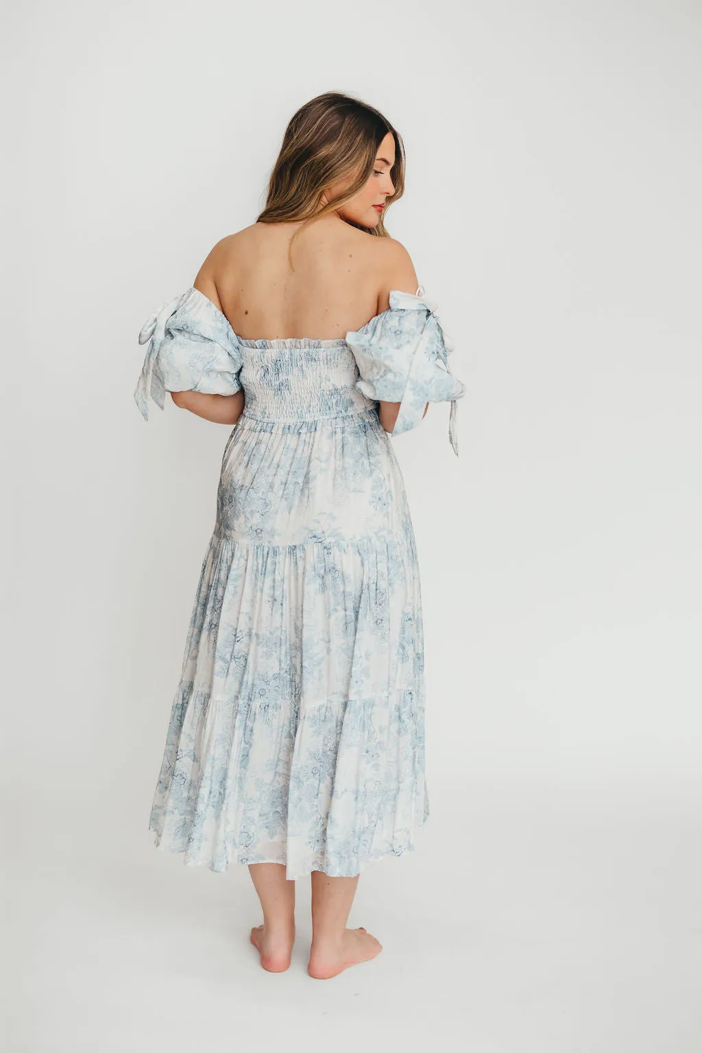 Elena Floral Print Smocked Midi Dress in Blue Floral- Bump Friendly - Sold Out Sizes Restock 4/19