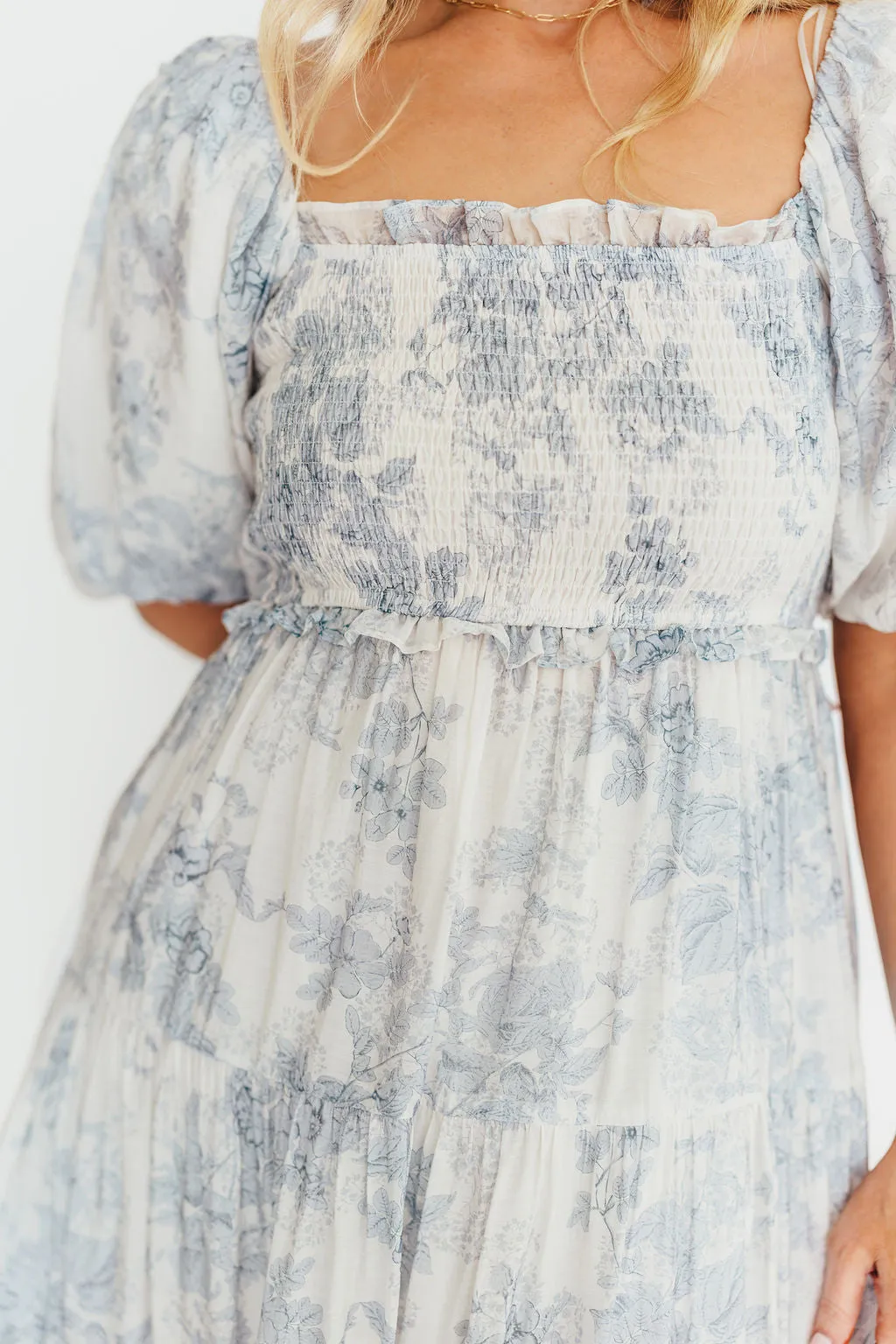 Elena Floral Print Smocked Midi Dress in Blue Floral- Bump Friendly - Sold Out Sizes Restock 4/19