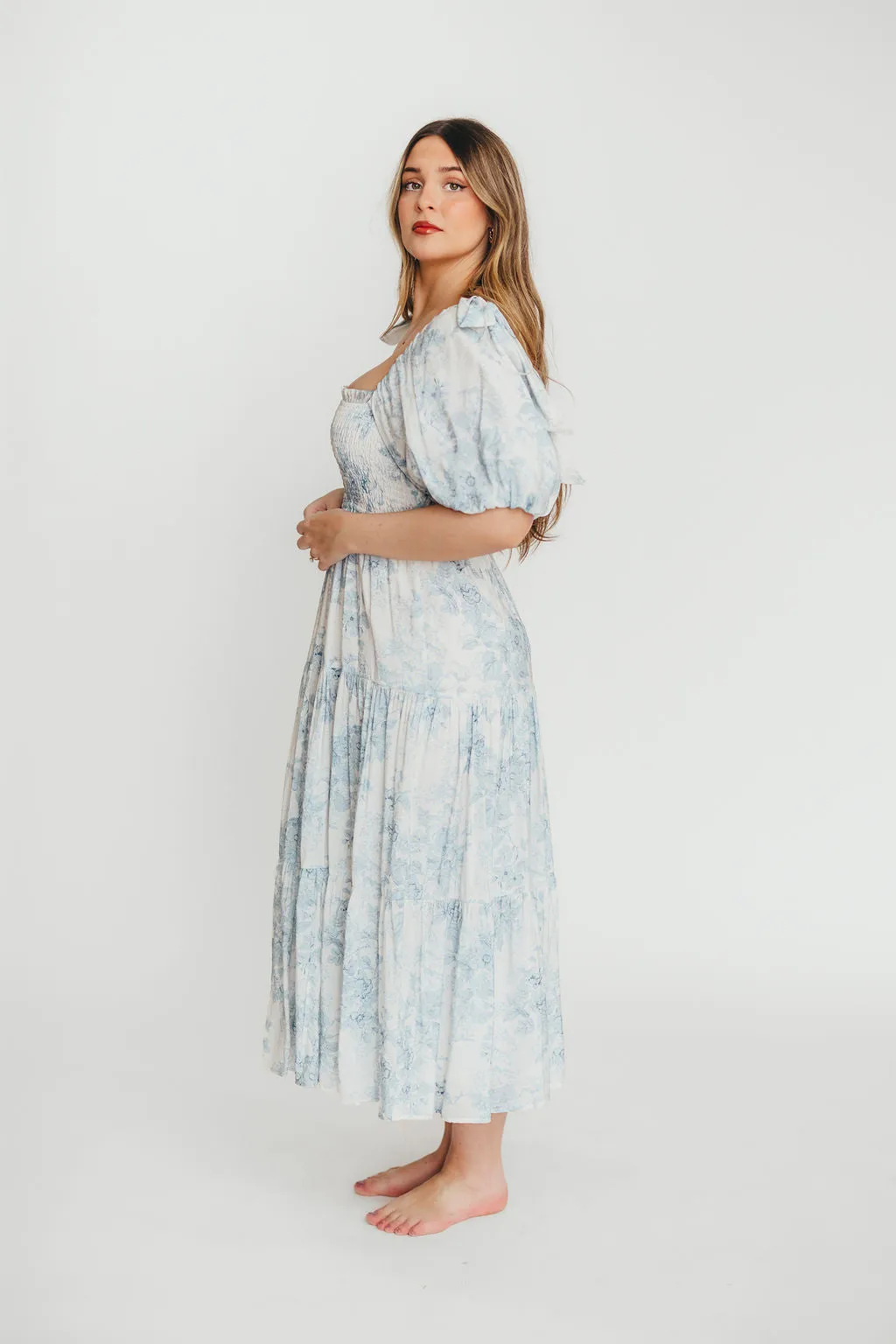 Elena Floral Print Smocked Midi Dress in Blue Floral- Bump Friendly - Sold Out Sizes Restock 4/19