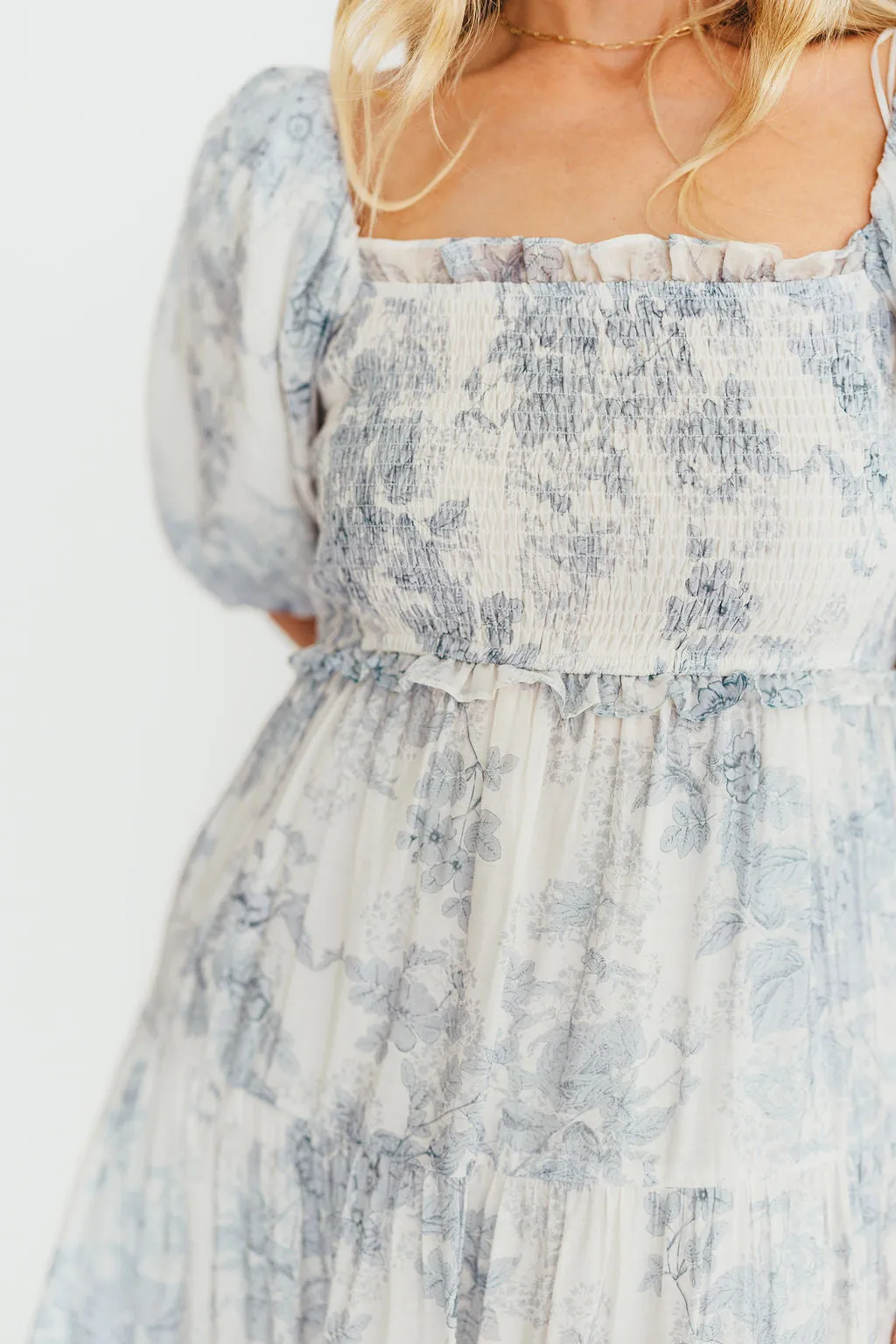 Elena Floral Print Smocked Midi Dress in Blue Floral- Bump Friendly - Sold Out Sizes Restock 4/19