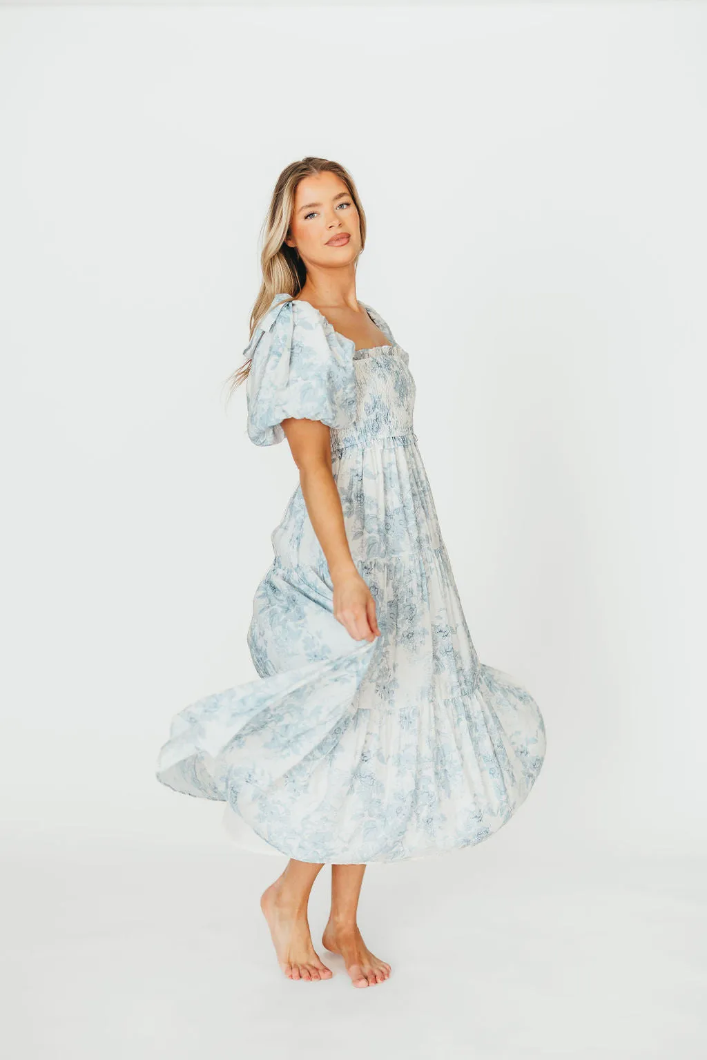 Elena Floral Print Smocked Midi Dress in Blue Floral- Bump Friendly - Sold Out Sizes Restock 4/19