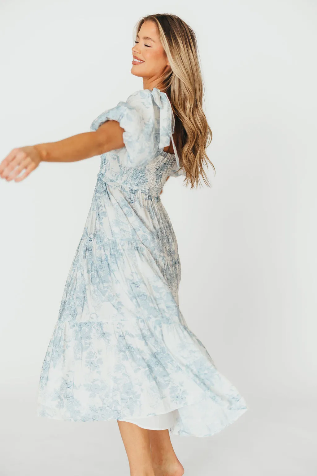 Elena Floral Print Smocked Midi Dress in Blue Floral- Bump Friendly - Sold Out Sizes Restock 4/19