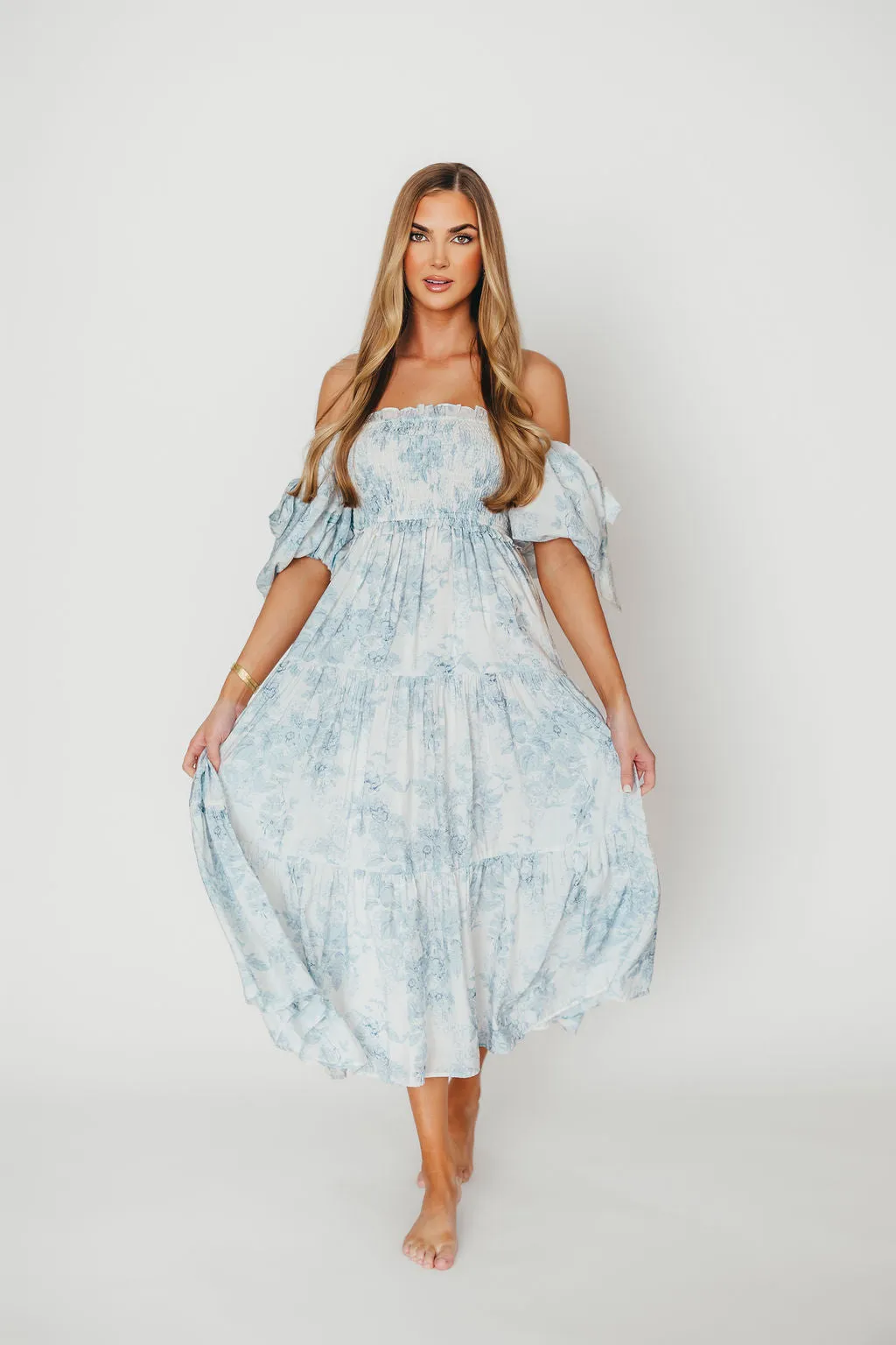 Elena Floral Print Smocked Midi Dress in Blue Floral- Bump Friendly - Sold Out Sizes Restock 4/19
