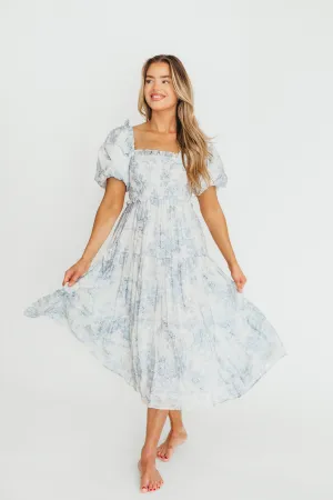 Elena Floral Print Smocked Midi Dress in Blue Floral- Bump Friendly - Sold Out Sizes Restock 4/19