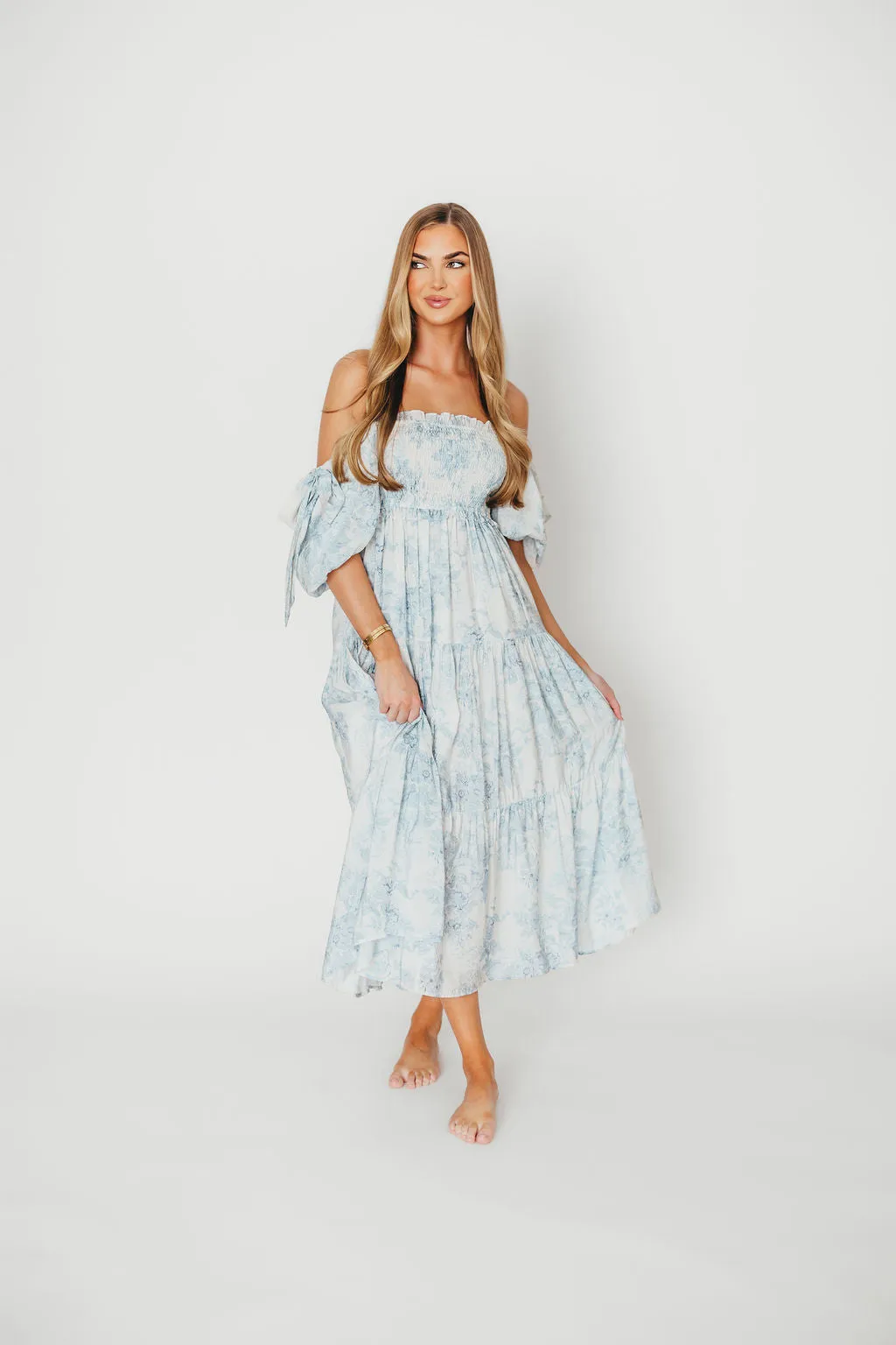 Elena Floral Print Smocked Midi Dress in Blue Floral- Bump Friendly - Sold Out Sizes Restock 4/19