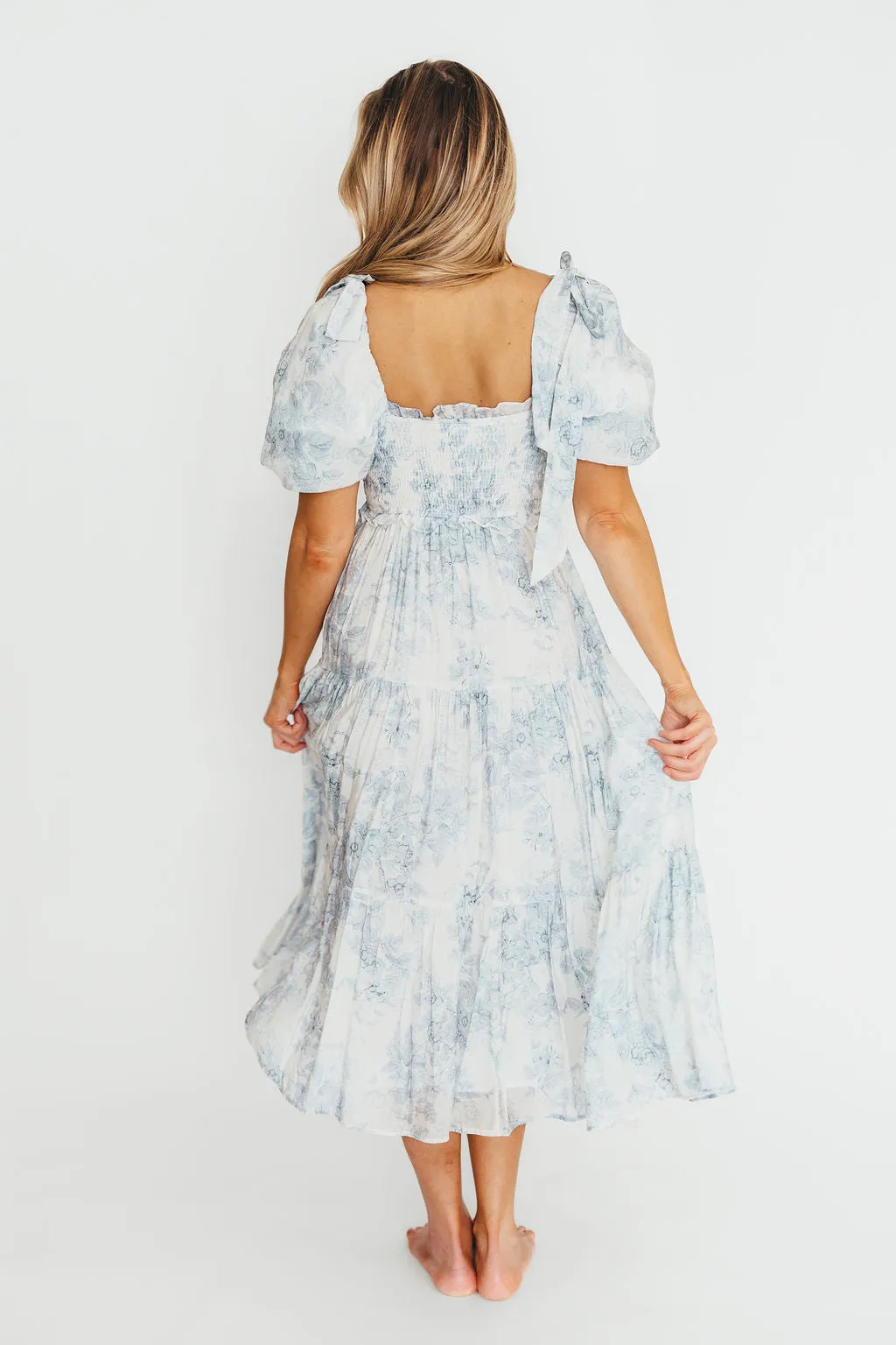 Elena Floral Print Smocked Midi Dress in Blue Floral- Bump Friendly - Sold Out Sizes Restock 4/19