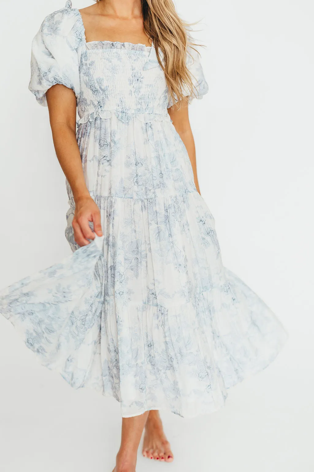 Elena Floral Print Smocked Midi Dress in Blue Floral- Bump Friendly - Sold Out Sizes Restock 4/19