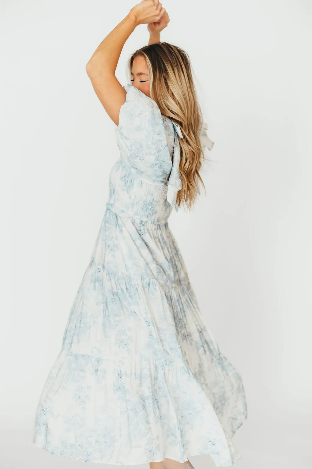 Elena Floral Print Smocked Midi Dress in Blue Floral- Bump Friendly - Sold Out Sizes Restock 4/19