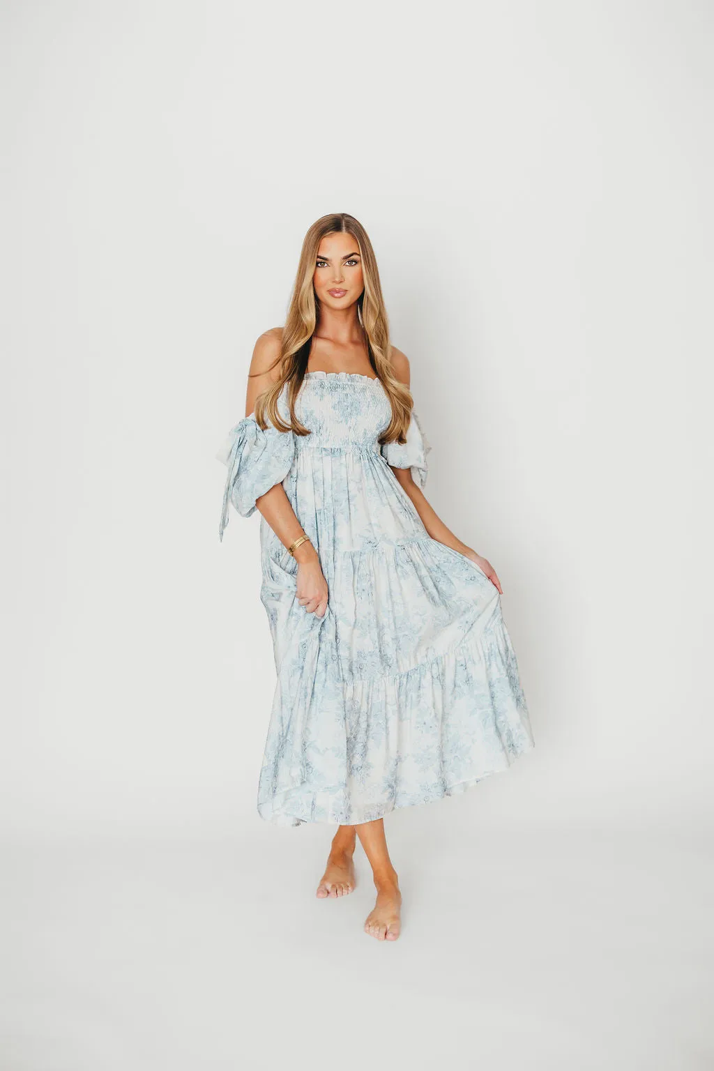 Elena Floral Print Smocked Midi Dress in Blue Floral- Bump Friendly - Sold Out Sizes Restock 4/19