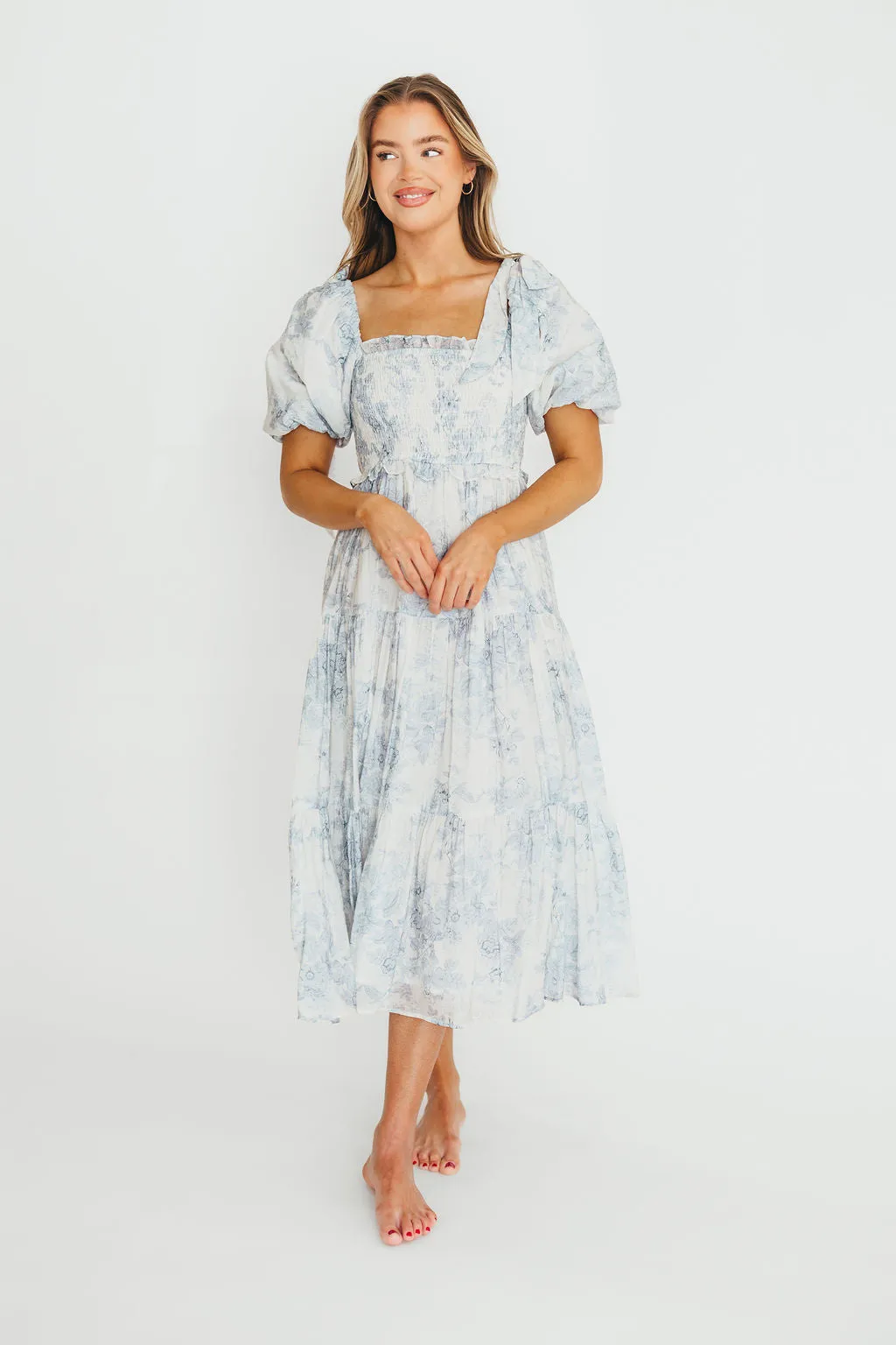 Elena Floral Print Smocked Midi Dress in Blue Floral- Bump Friendly - Sold Out Sizes Restock 4/19