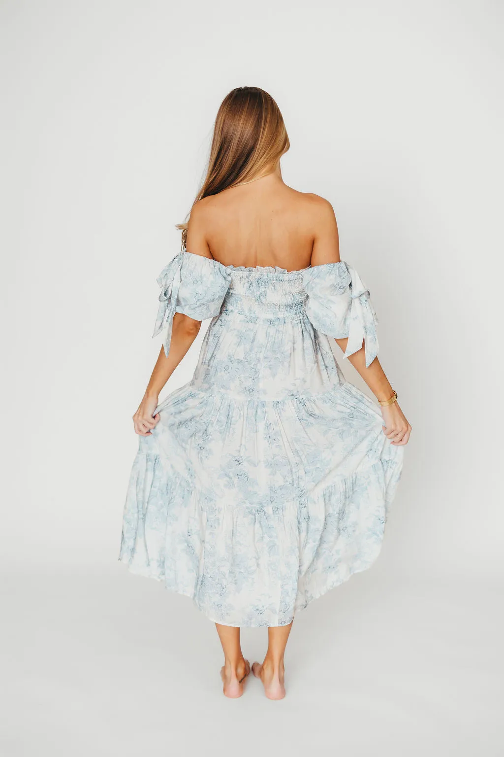Elena Floral Print Smocked Midi Dress in Blue Floral- Bump Friendly - Sold Out Sizes Restock 4/19