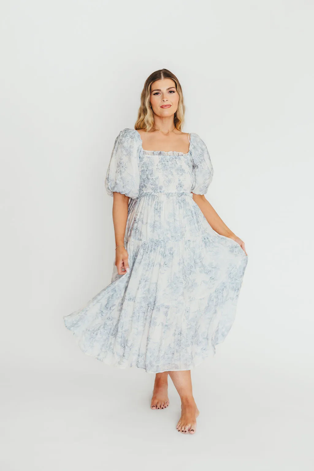 Elena Floral Print Smocked Midi Dress in Blue Floral- Bump Friendly - Sold Out Sizes Restock 4/19