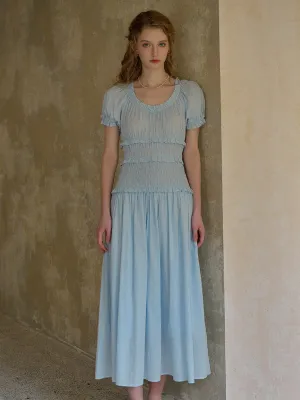 Elowen Round Neck Pleated 100% Cotton Dress - Blue