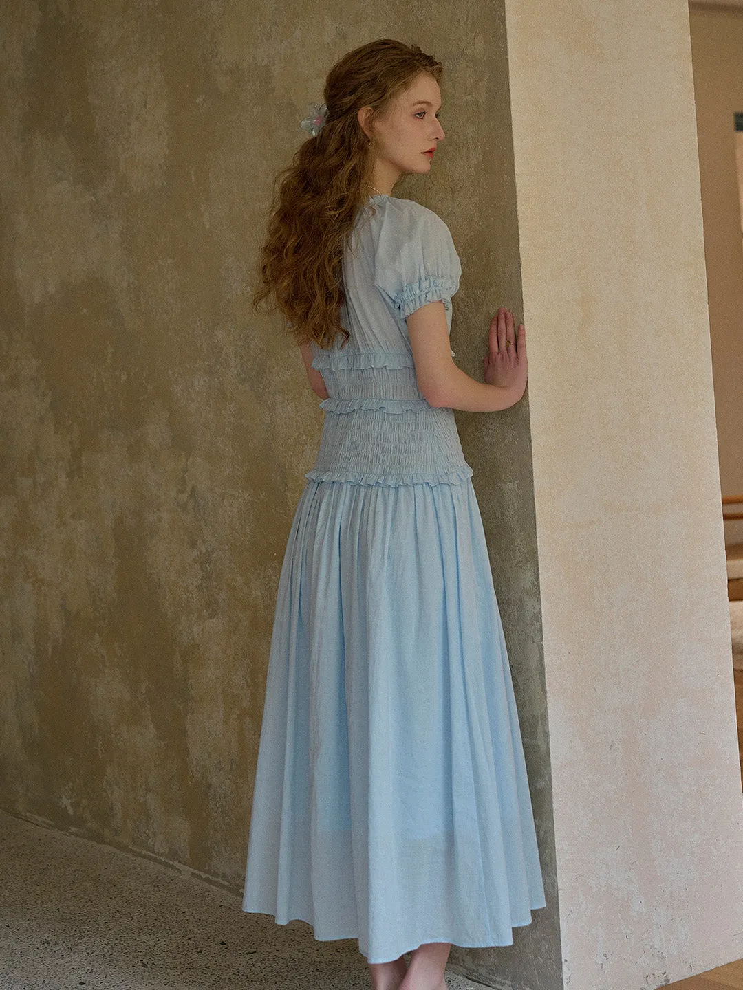 Elowen Round Neck Pleated 100% Cotton Dress - Blue