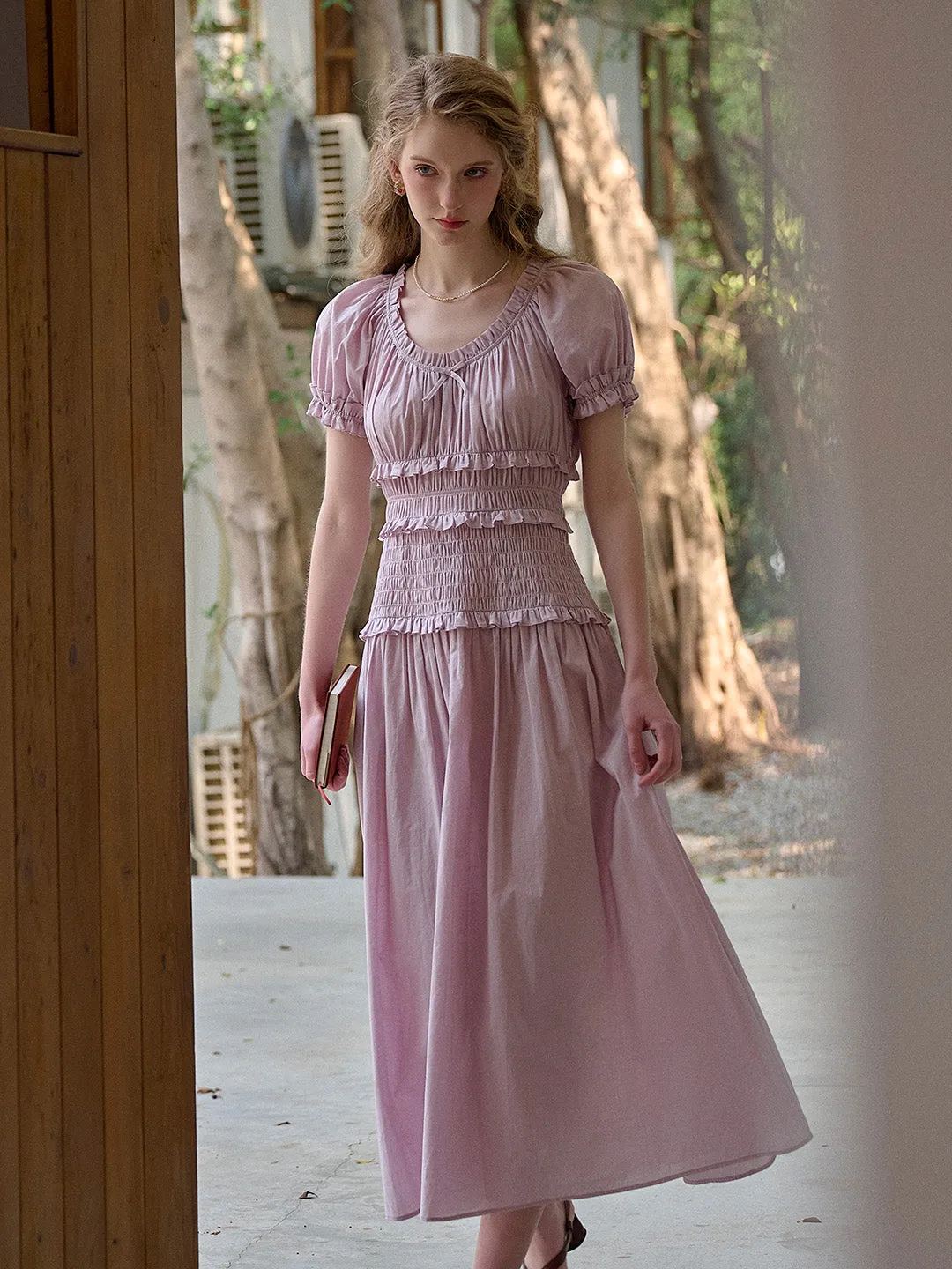 Elowen Round Neck Pleated 100% Cotton Dress - Blue
