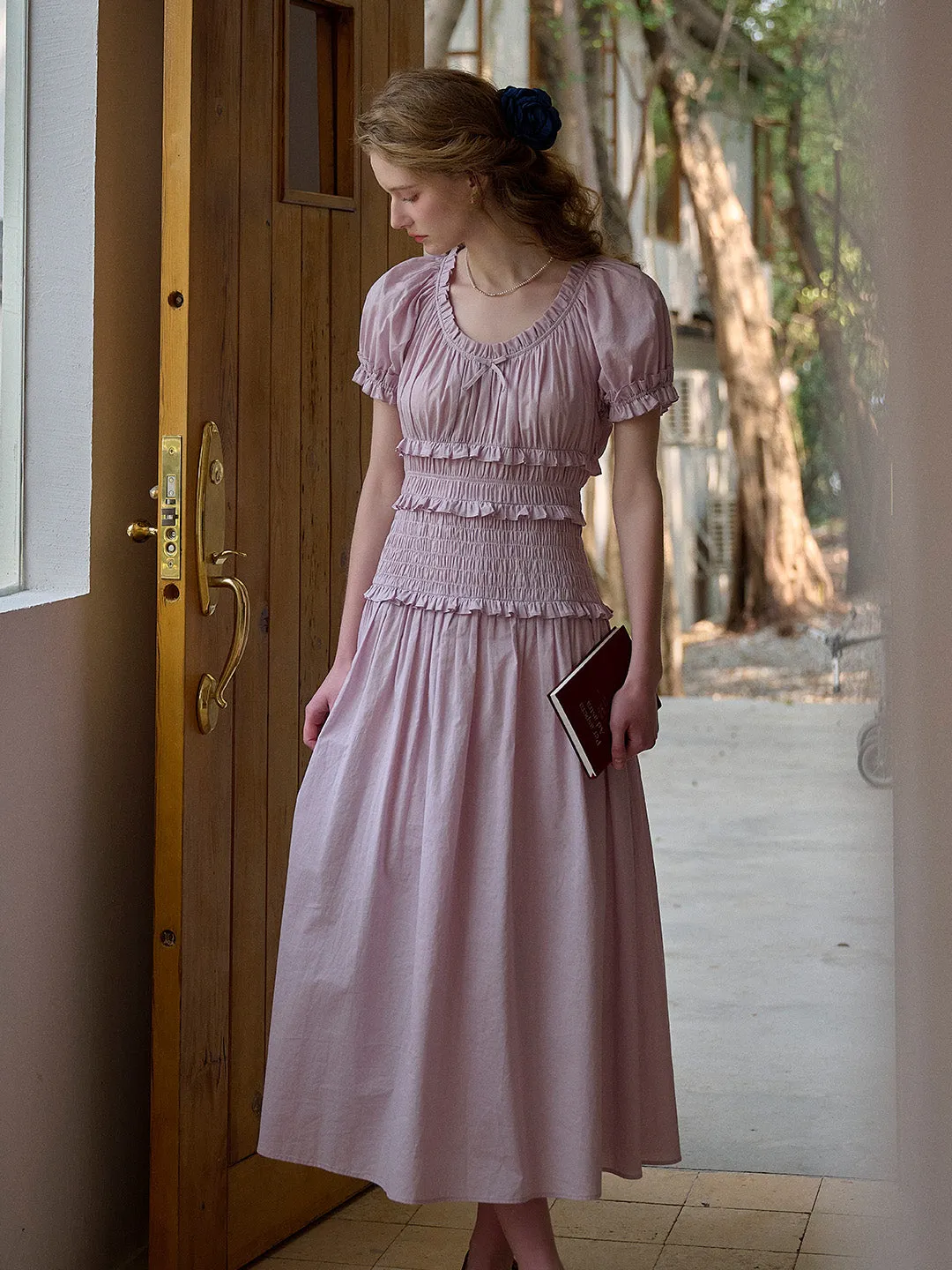 Elowen Round Neck Pleated 100% Cotton Dress - Blue