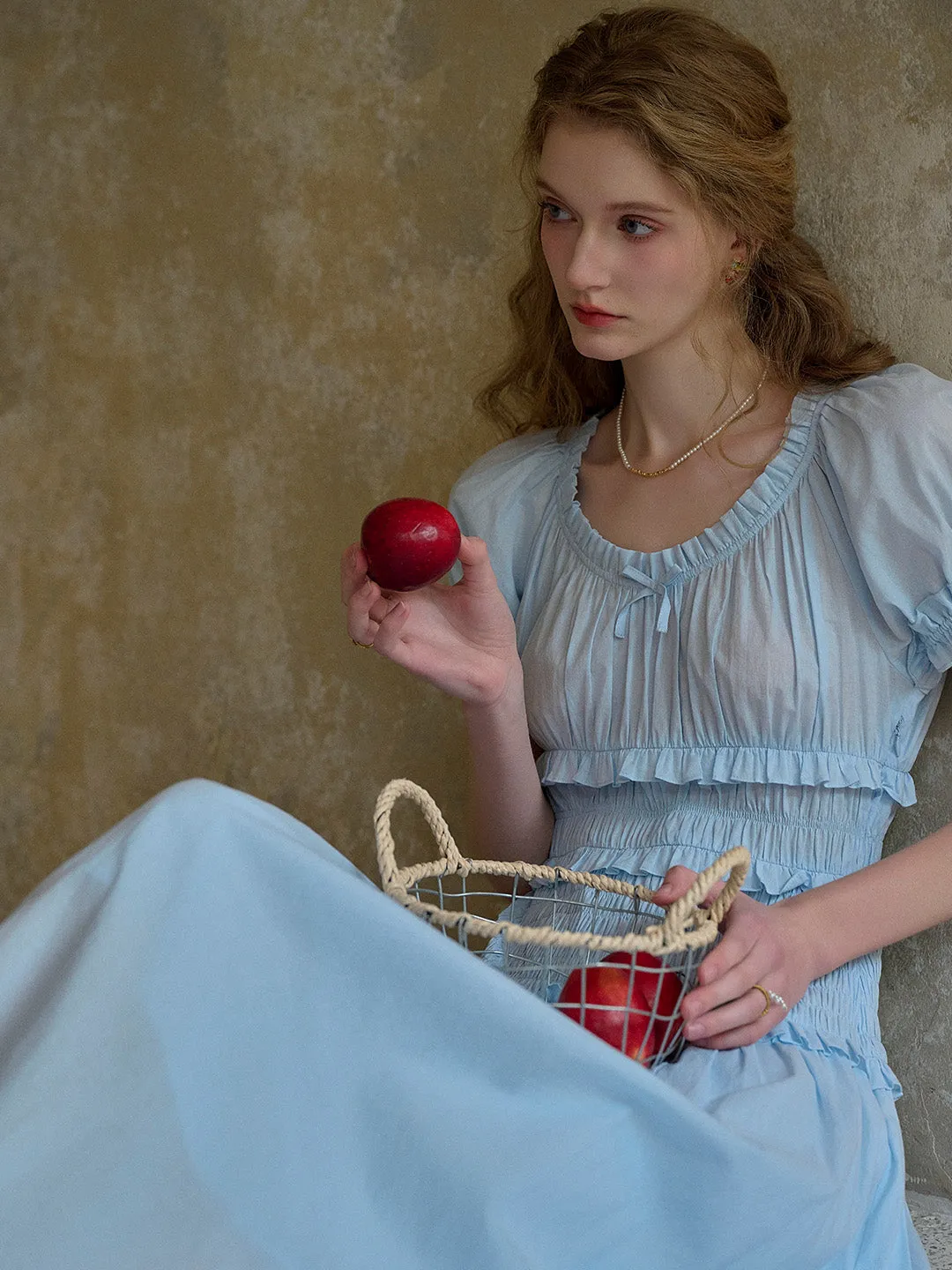 Elowen Round Neck Pleated 100% Cotton Dress - Blue