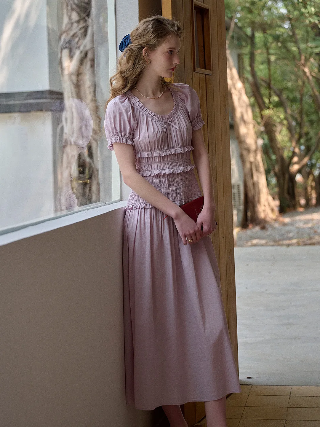 Elowen Round Neck Pleated 100% Cotton Dress - Blue