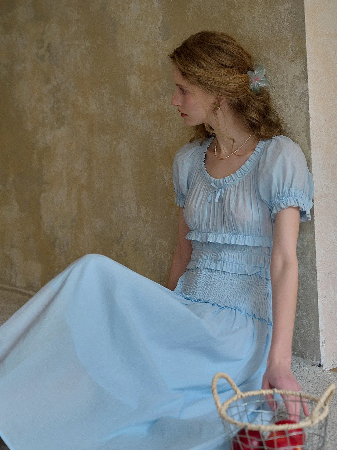 Elowen Round Neck Pleated 100% Cotton Dress - Blue