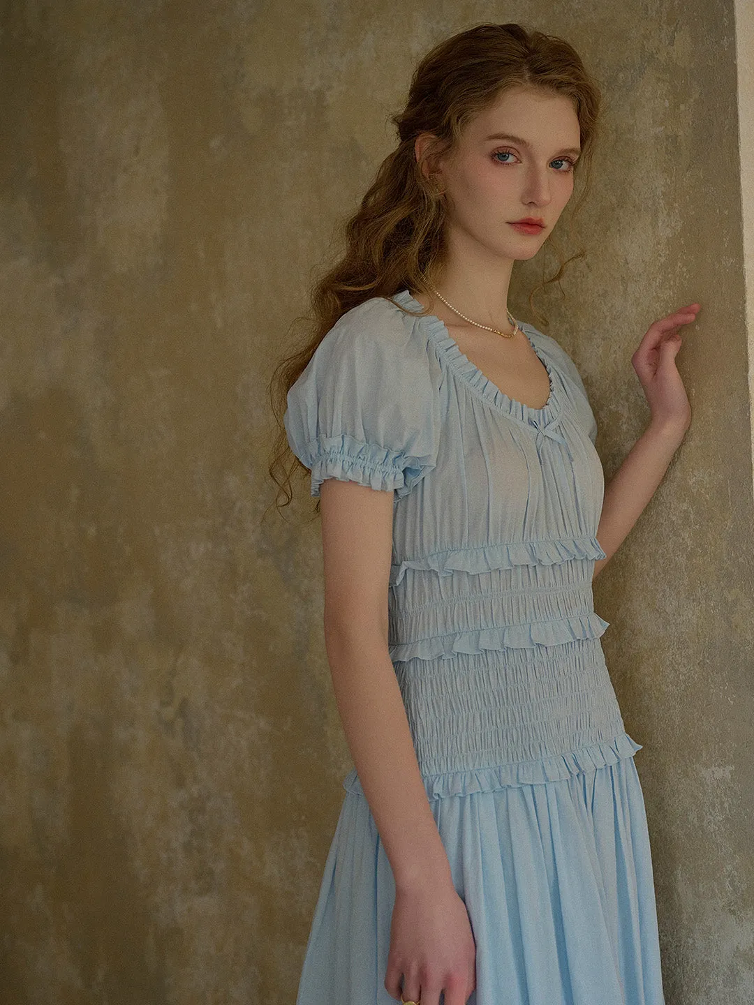 Elowen Round Neck Pleated 100% Cotton Dress - Blue