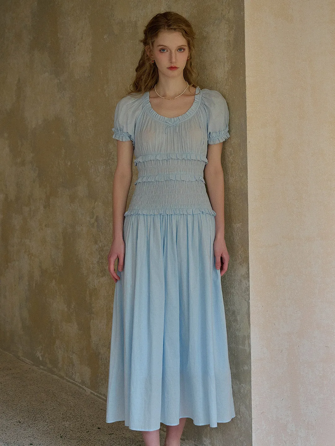 Elowen Round Neck Pleated 100% Cotton Dress - Blue