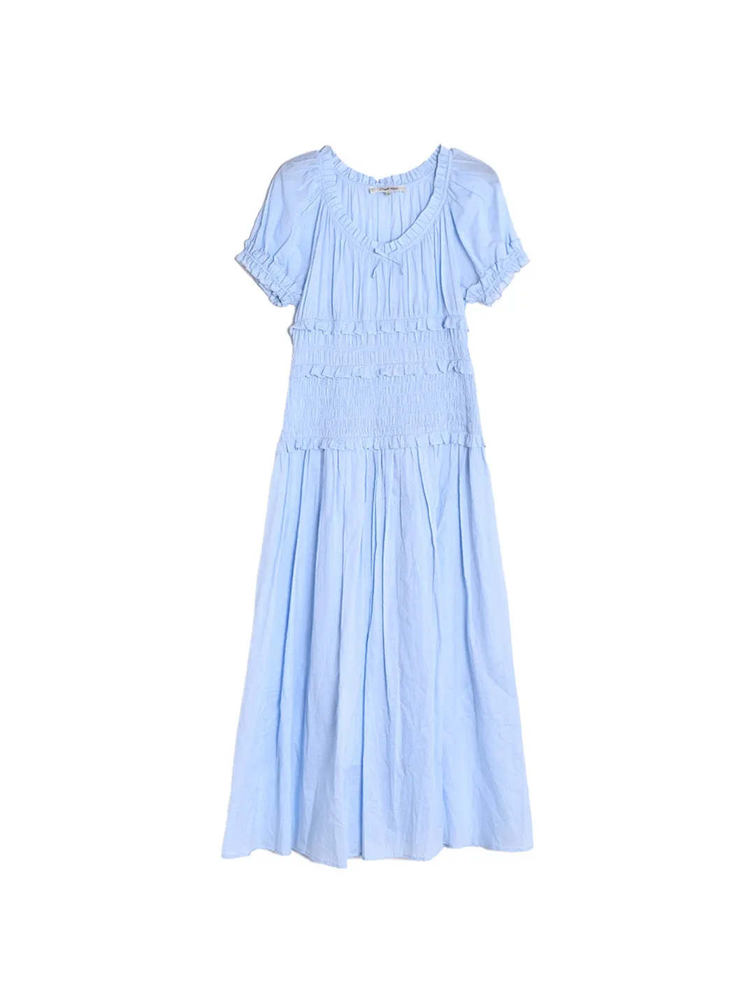 Elowen Round Neck Pleated 100% Cotton Dress - Blue