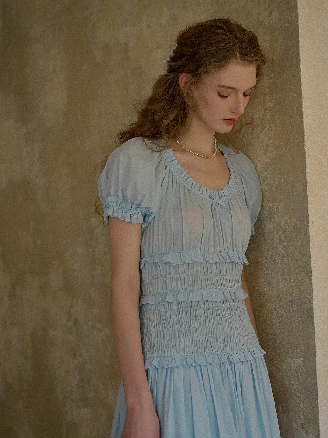 Elowen Round Neck Pleated 100% Cotton Dress - Blue
