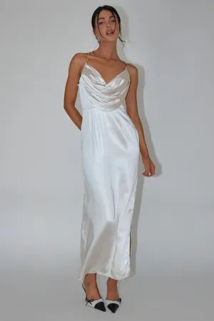 Emanuella Chain Strap Satin Midi Dress Champagne