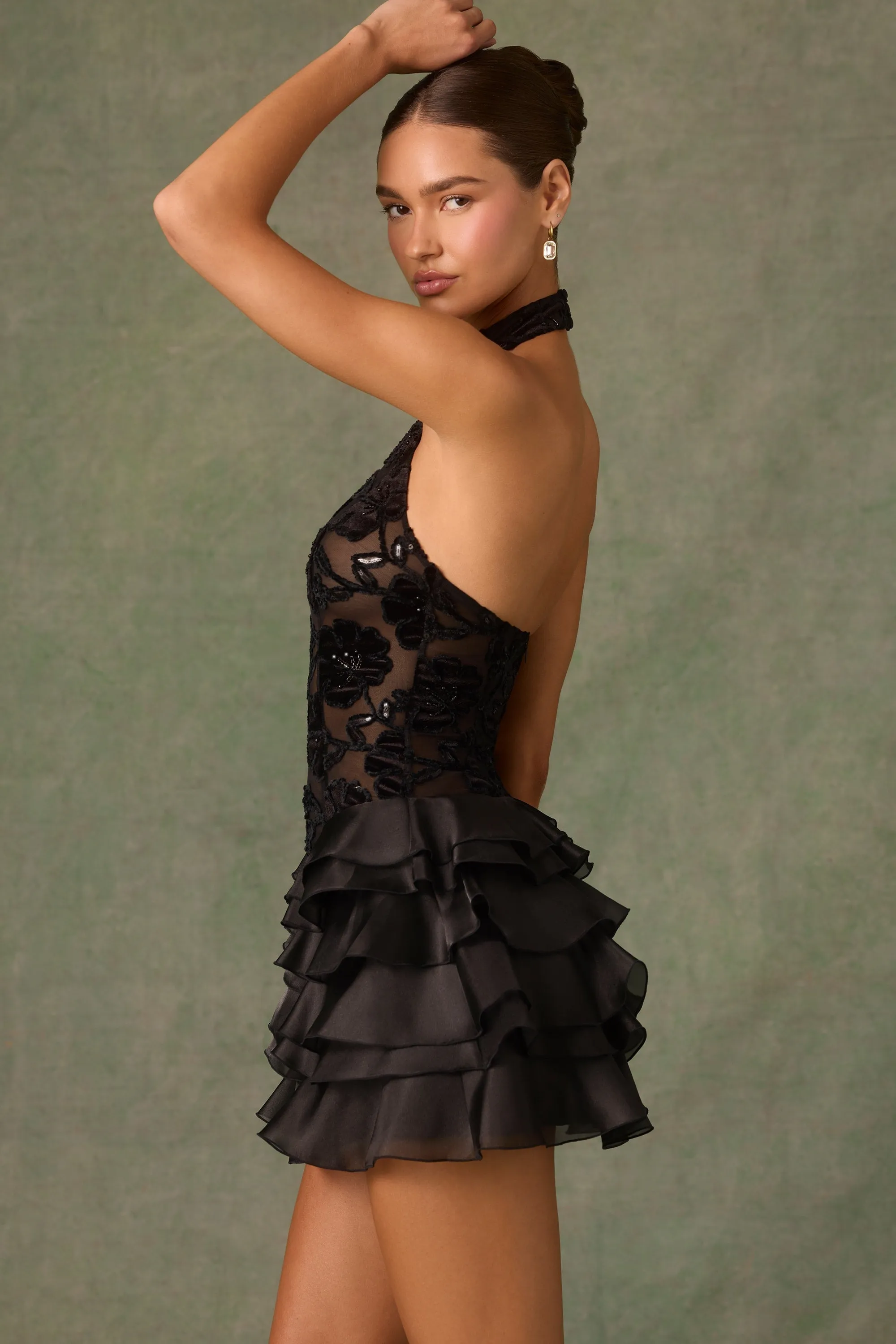 Embellished Ruffled Halterneck Mini Dress in Black