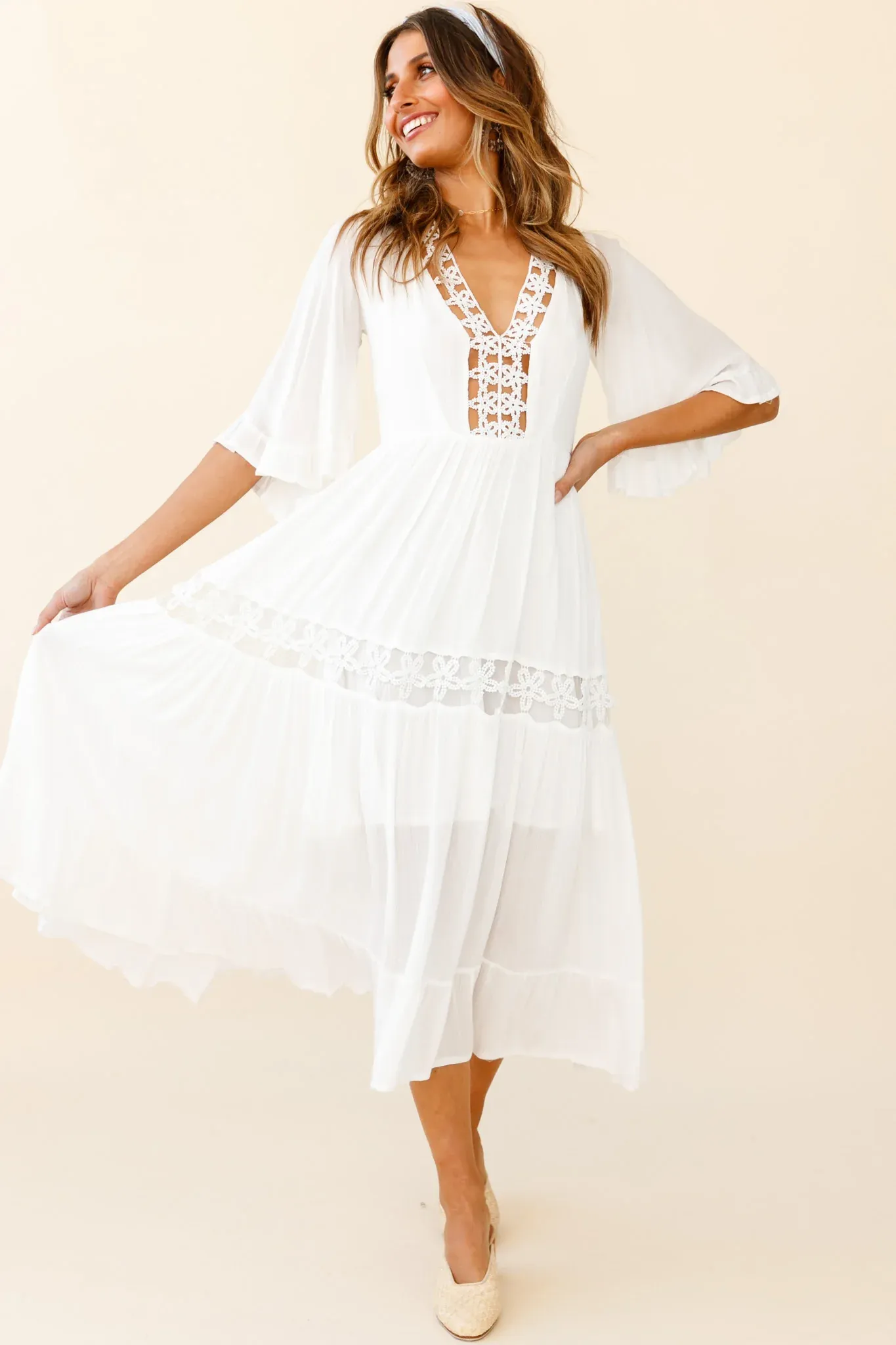 Feeling Groovy Bell Sleeve Crochet Trim Maxi Dress White