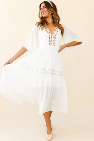 Feeling Groovy Bell Sleeve Crochet Trim Maxi Dress White