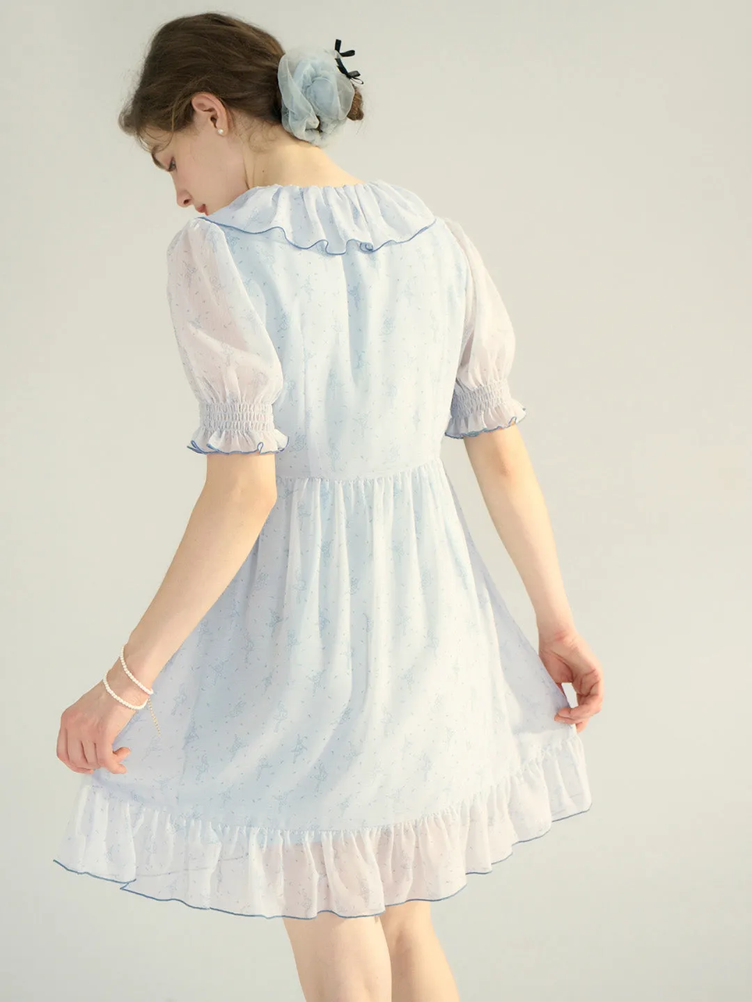 【Final Sale】Amaris Original Ballet Girl Print V Neck Puff Sleeve Dress