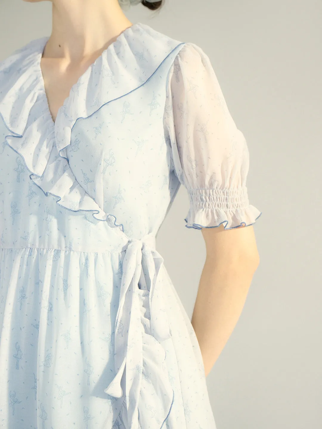 【Final Sale】Amaris Original Ballet Girl Print V Neck Puff Sleeve Dress
