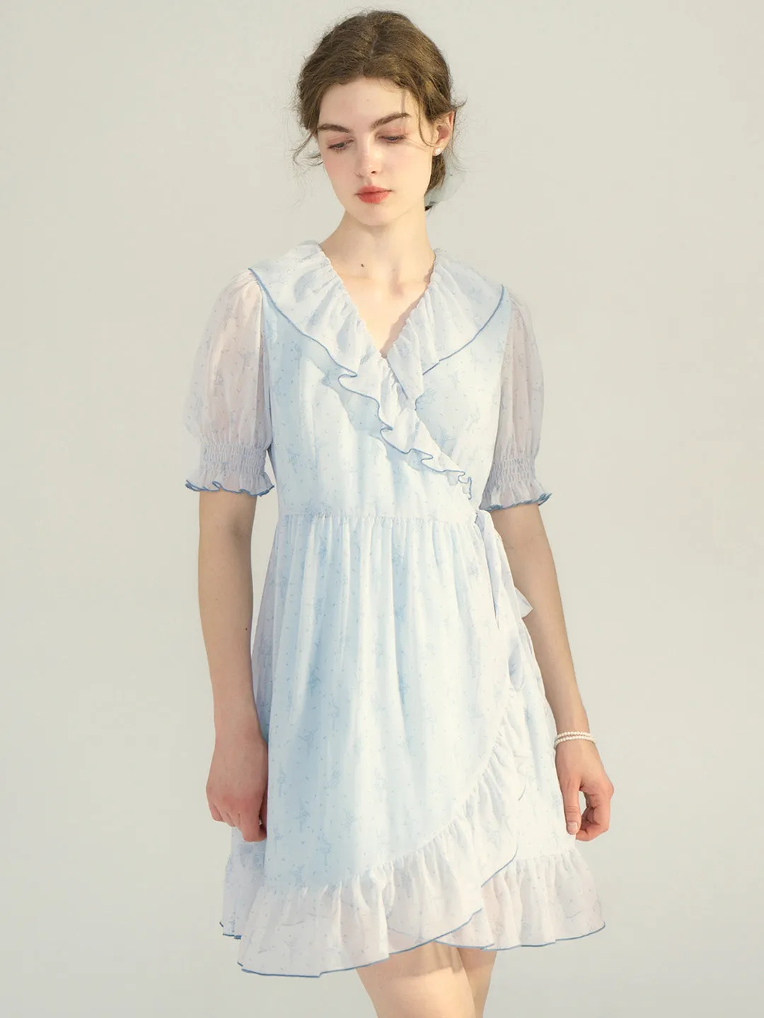 【Final Sale】Amaris Original Ballet Girl Print V Neck Puff Sleeve Dress