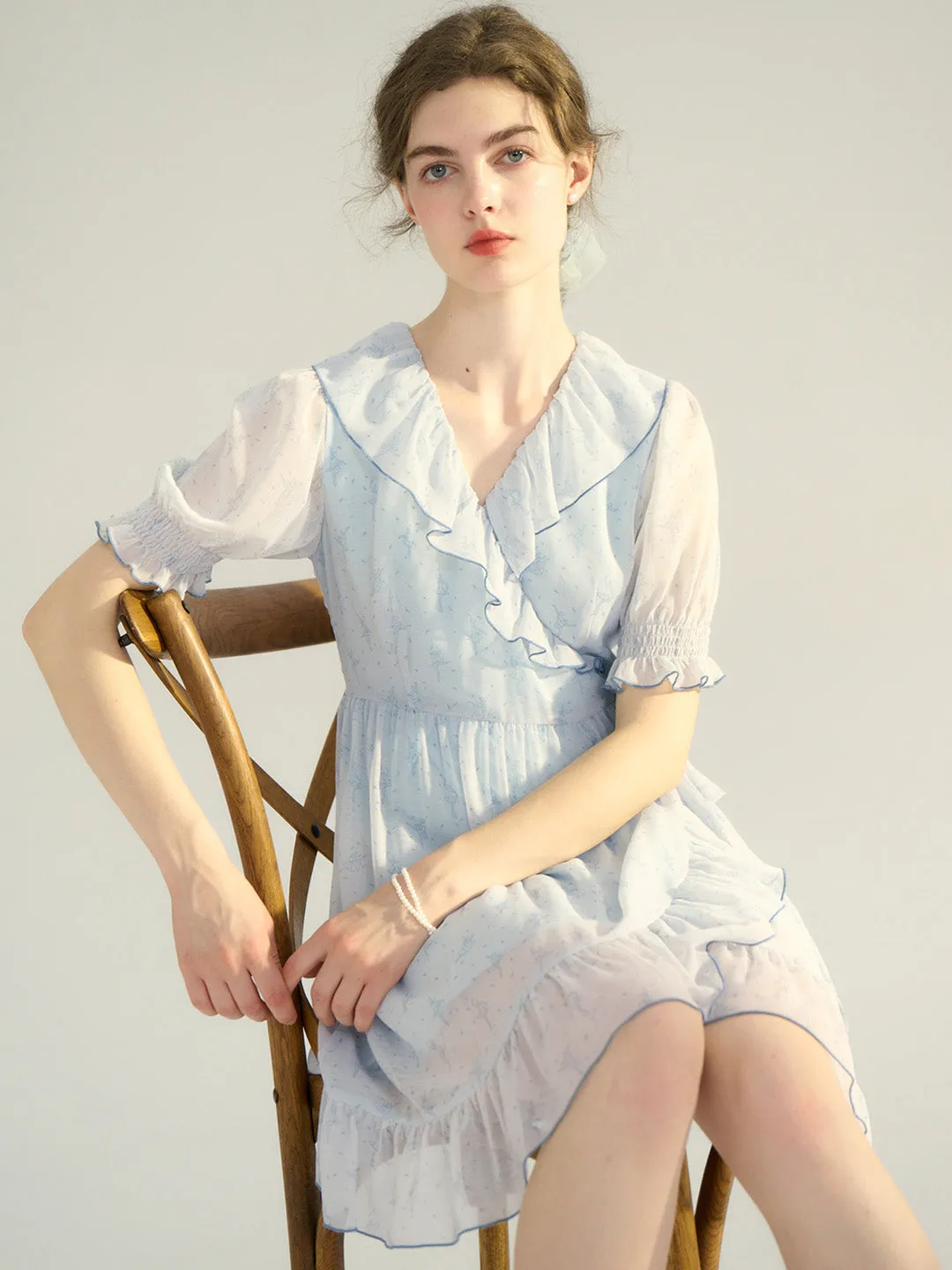 【Final Sale】Amaris Original Ballet Girl Print V Neck Puff Sleeve Dress